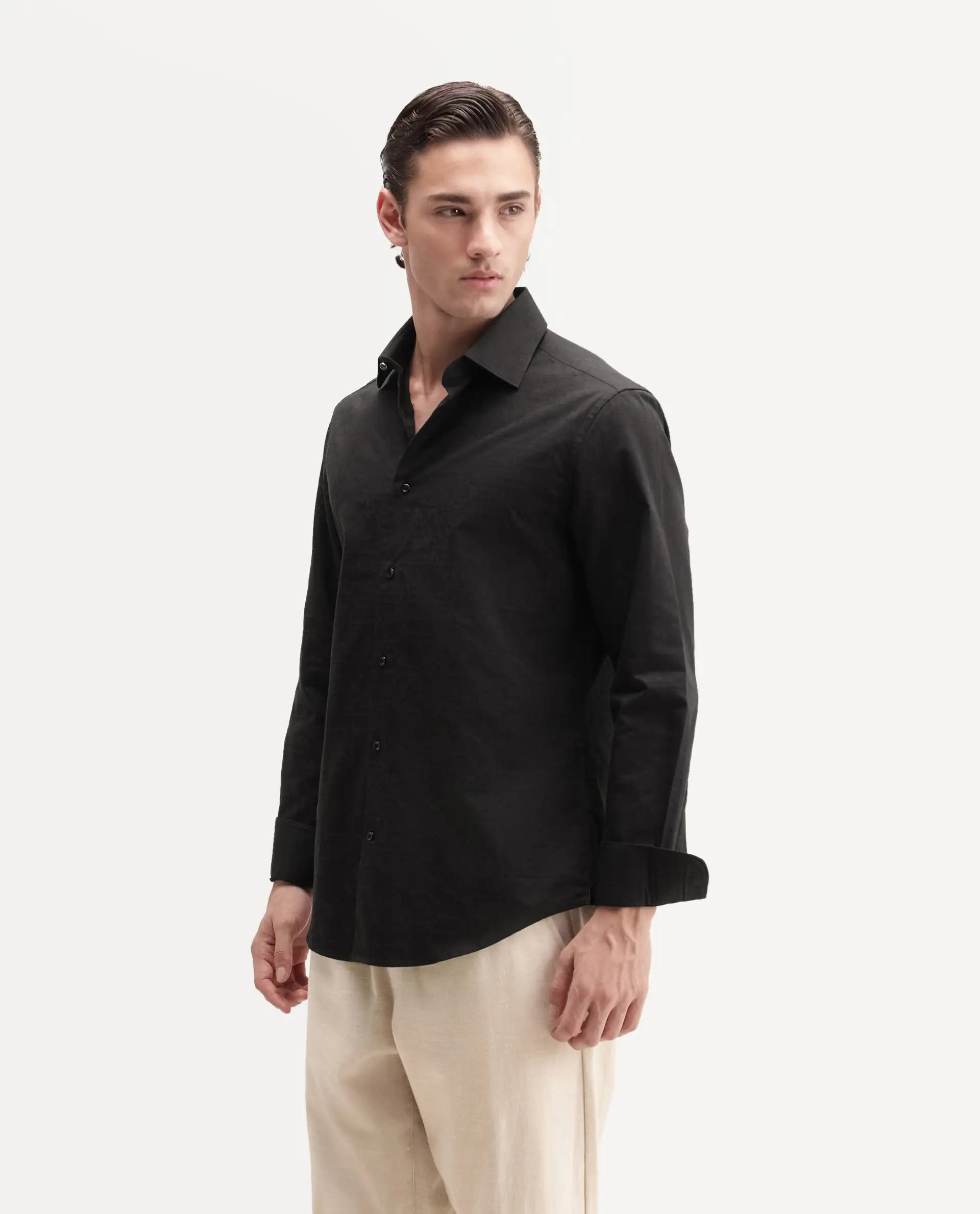 Rare Rabbit Men's Clover Black Cotton Button Regular Fit Jacquard Shirt
