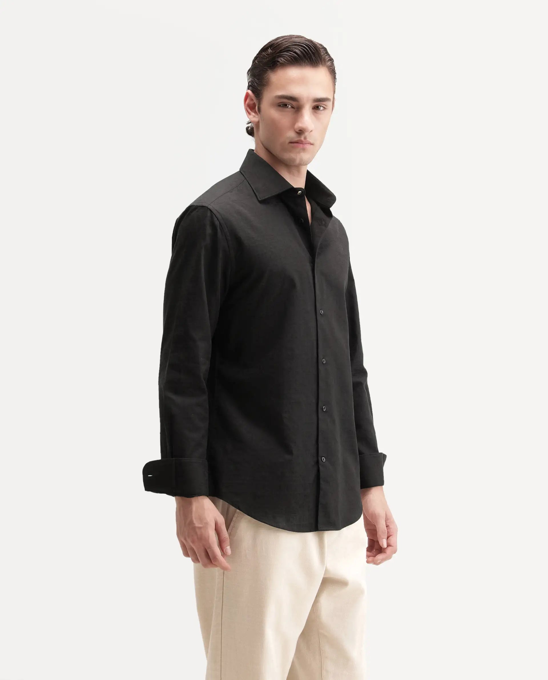 Rare Rabbit Men's Clover Black Cotton Button Regular Fit Jacquard Shirt