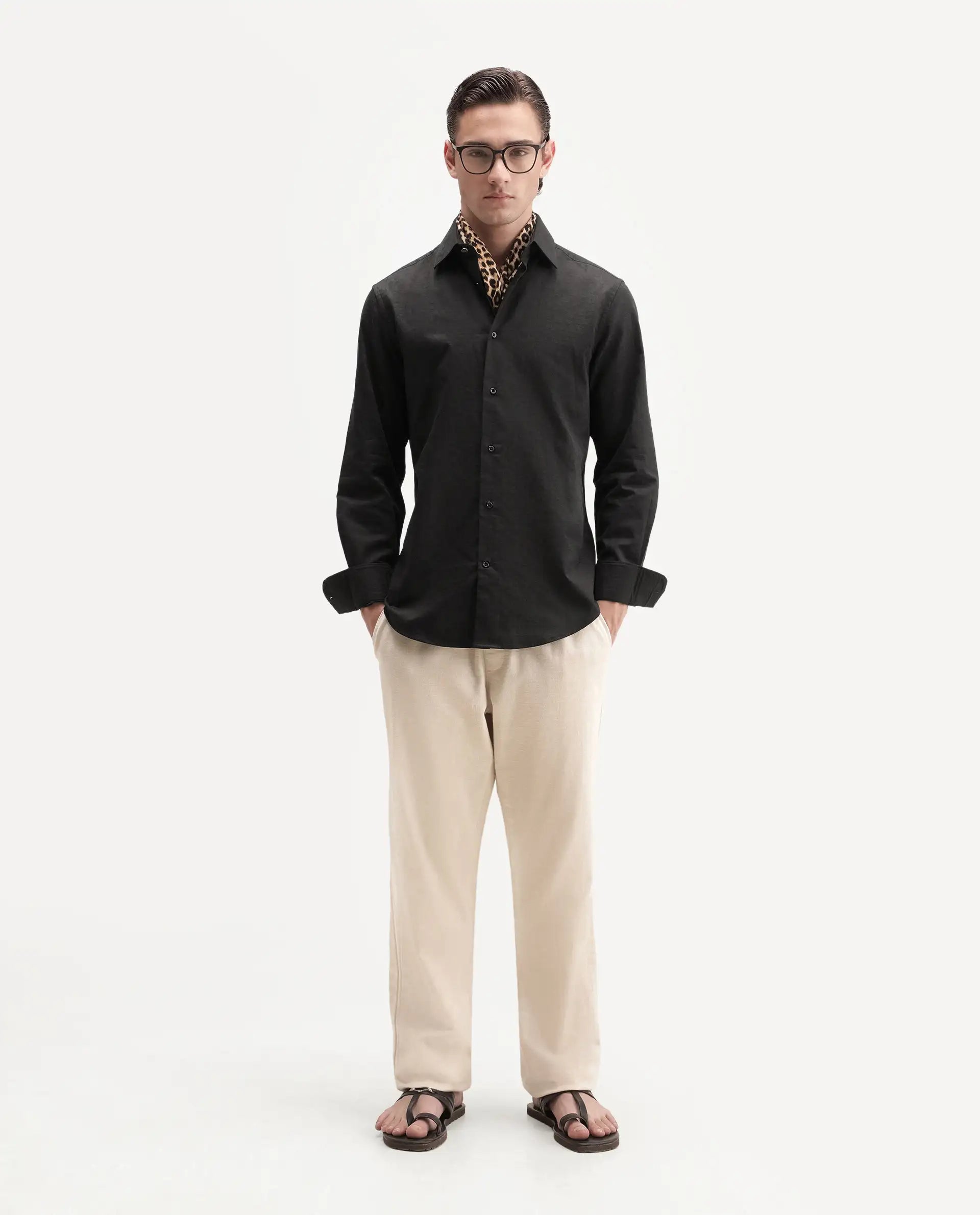 Rare Rabbit Men's Clover Black Cotton Button Regular Fit Jacquard Shirt