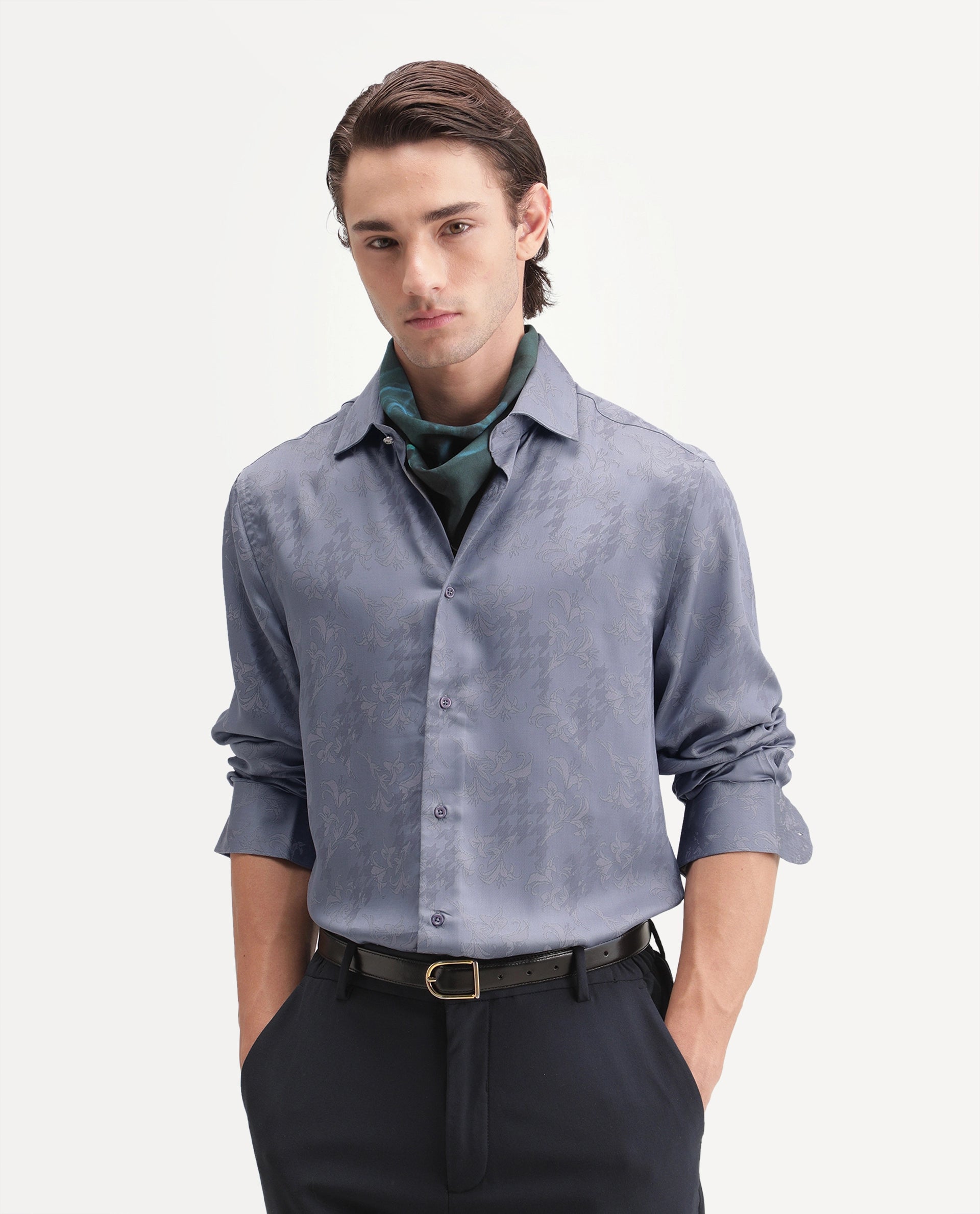 Rare Rabbit Men's Ember Dusky Purple Tencel Button Regular Fit Jacquard Shirt