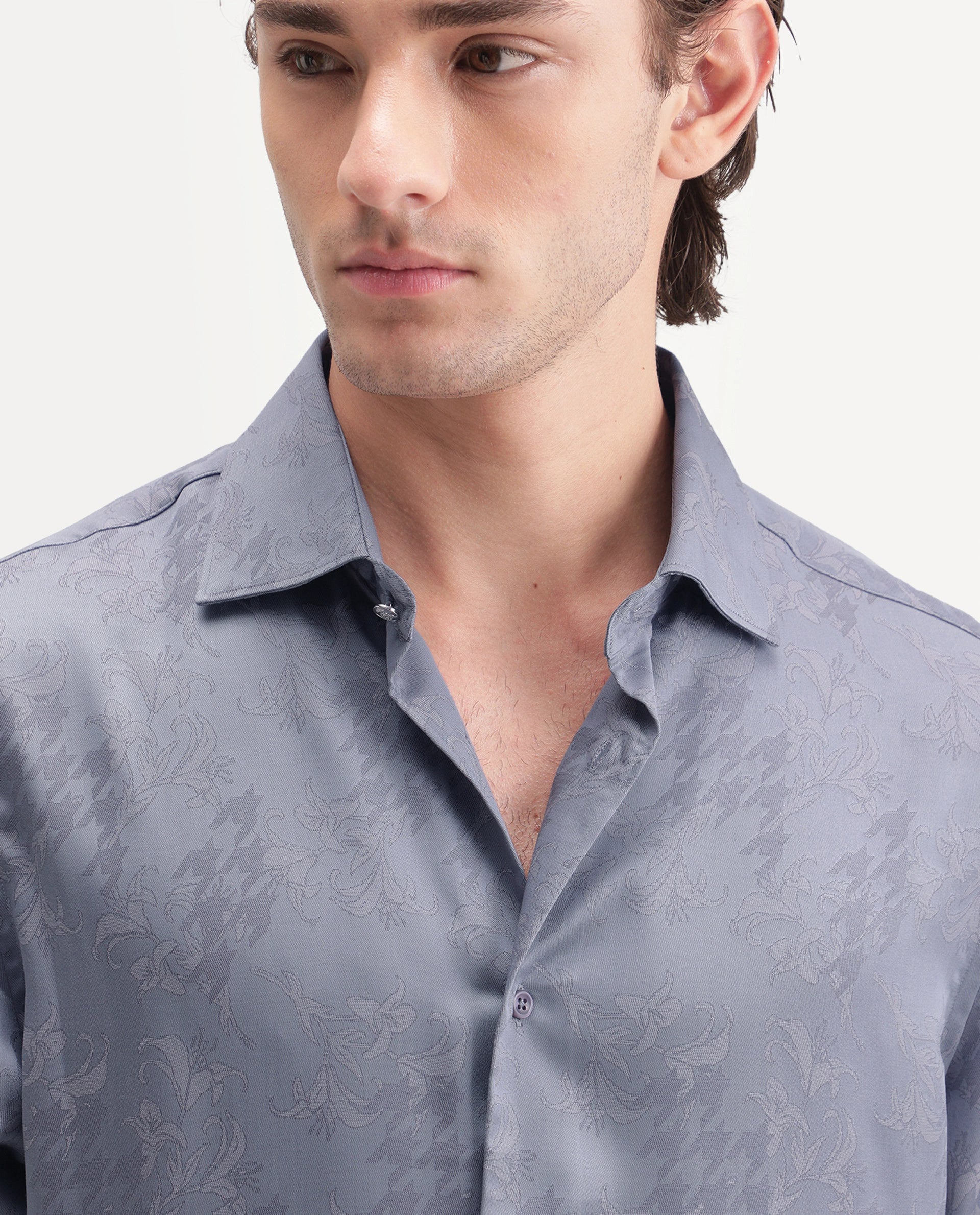 Rare Rabbit Men's Ember Dusky Purple Tencel Button Regular Fit Jacquard Shirt