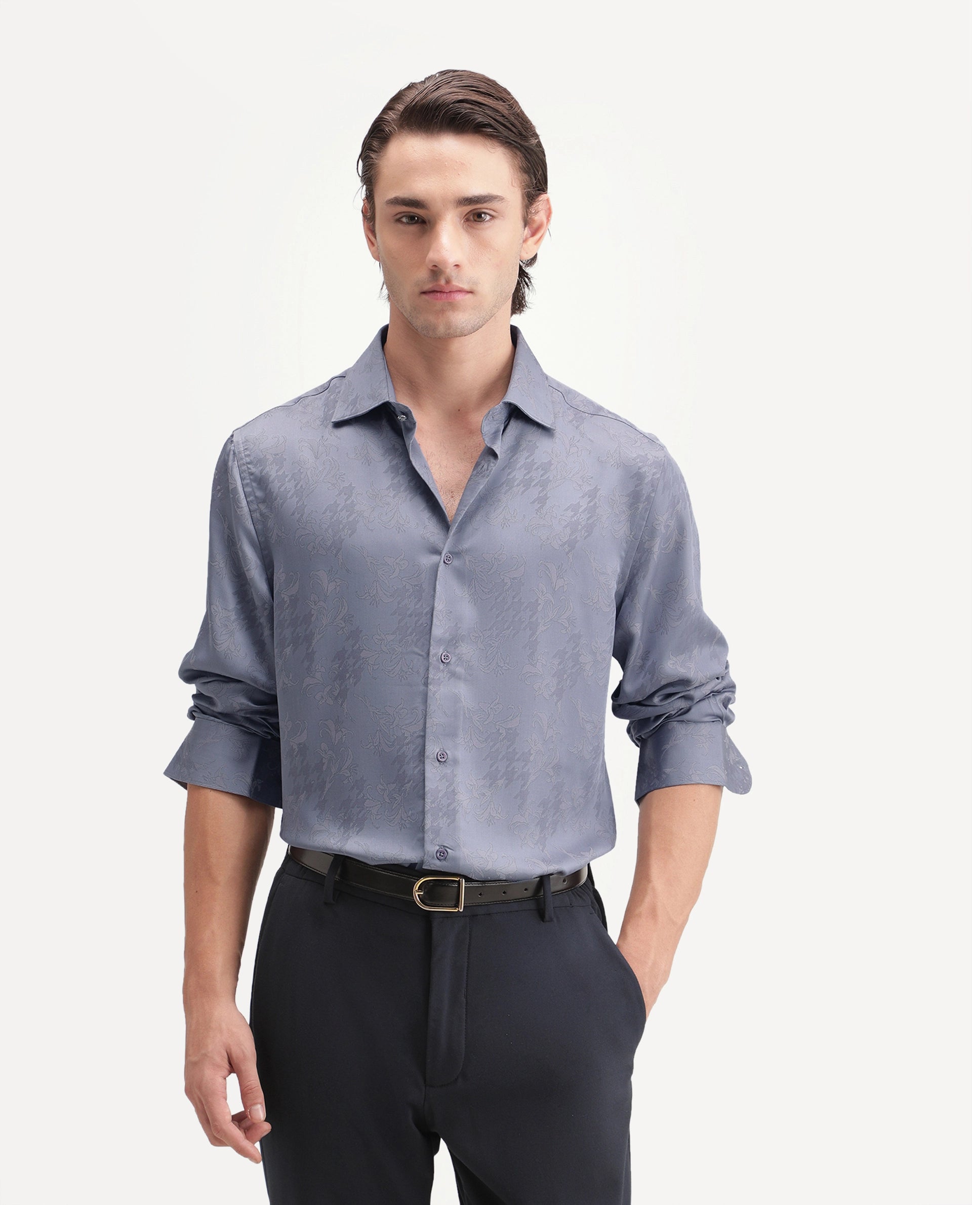 Rare Rabbit Men's Ember Dusky Purple Tencel Button Regular Fit Jacquard Shirt