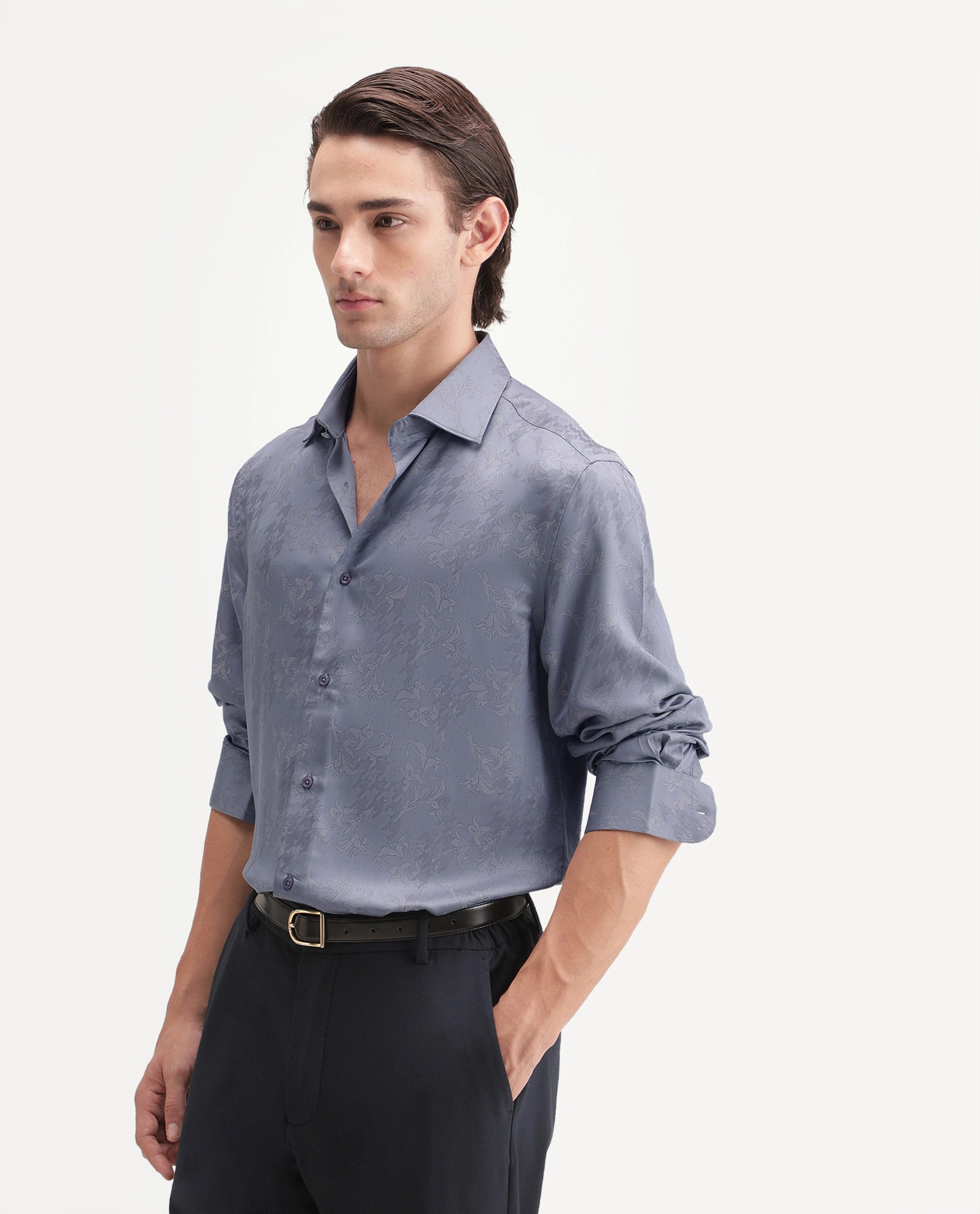 Rare Rabbit Men's Ember Dusky Purple Tencel Button Regular Fit Jacquard Shirt