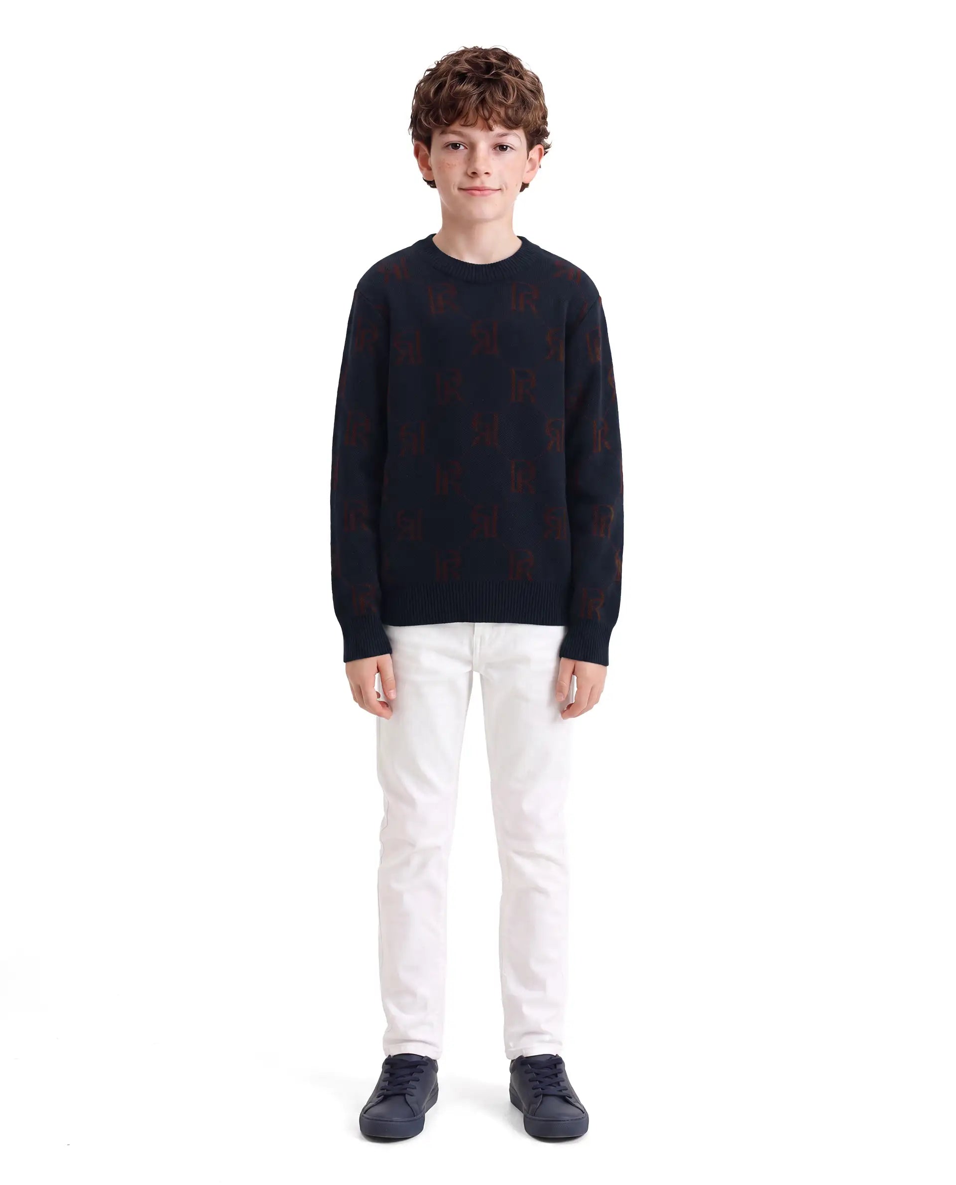 Rare Ones Kids Poston Navy Acrylic Fabric Pull-On Closure Regular Fit Monogram Print Sweater
