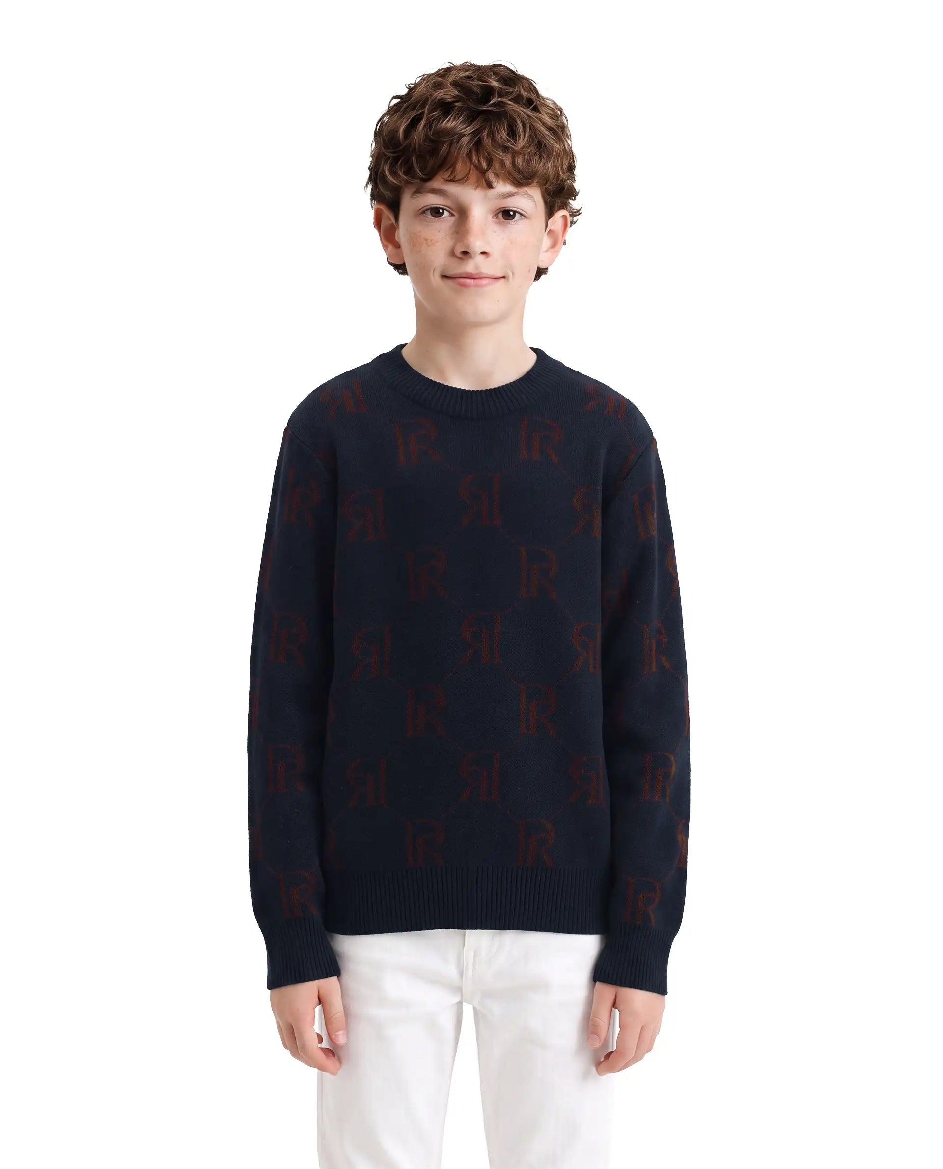 Rare Ones Kids Poston Navy Acrylic Fabric Pull-On Closure Regular Fit Monogram Print Sweater