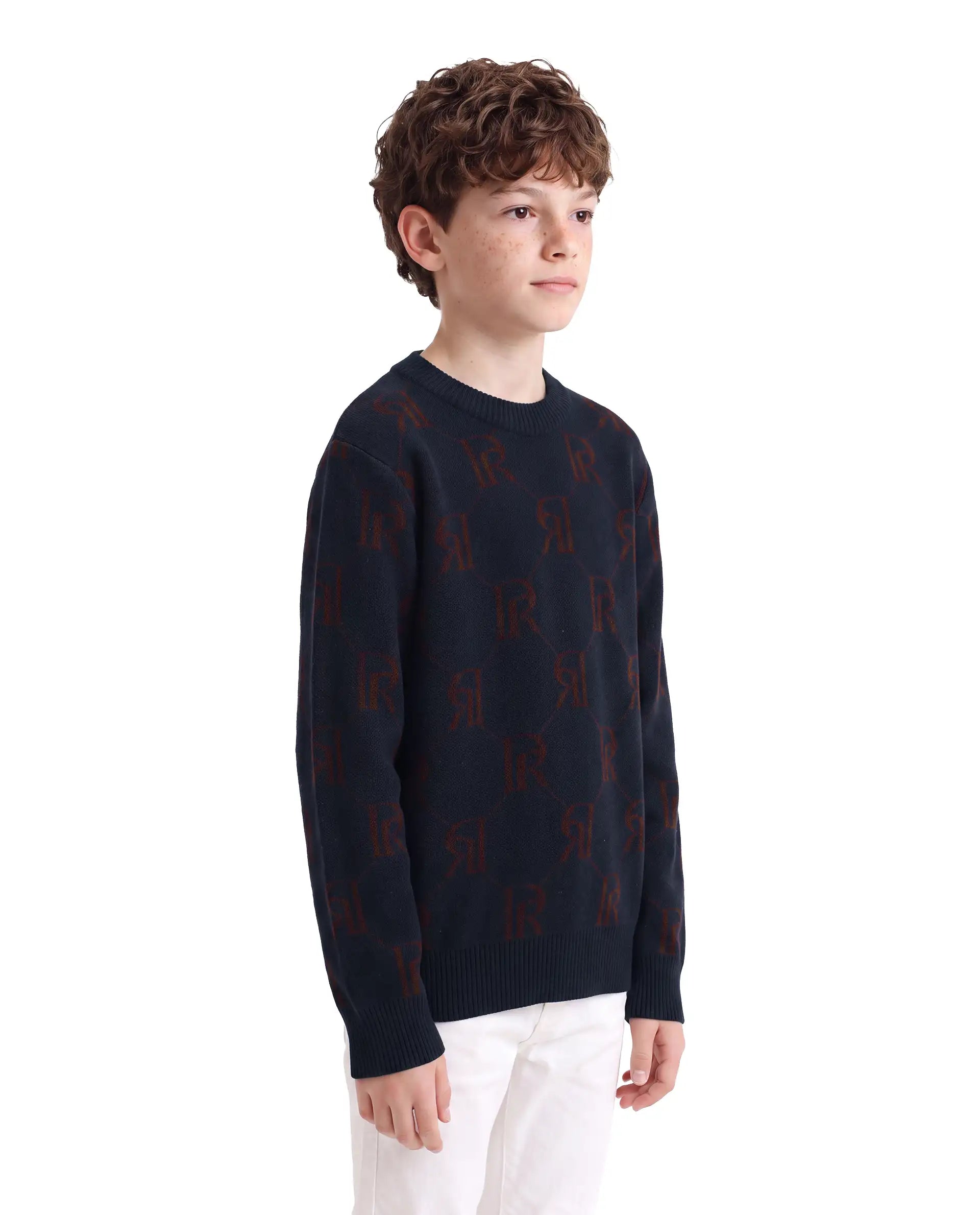 Rare Ones Kids Poston Navy Acrylic Fabric Pull-On Closure Regular Fit Monogram Print Sweater