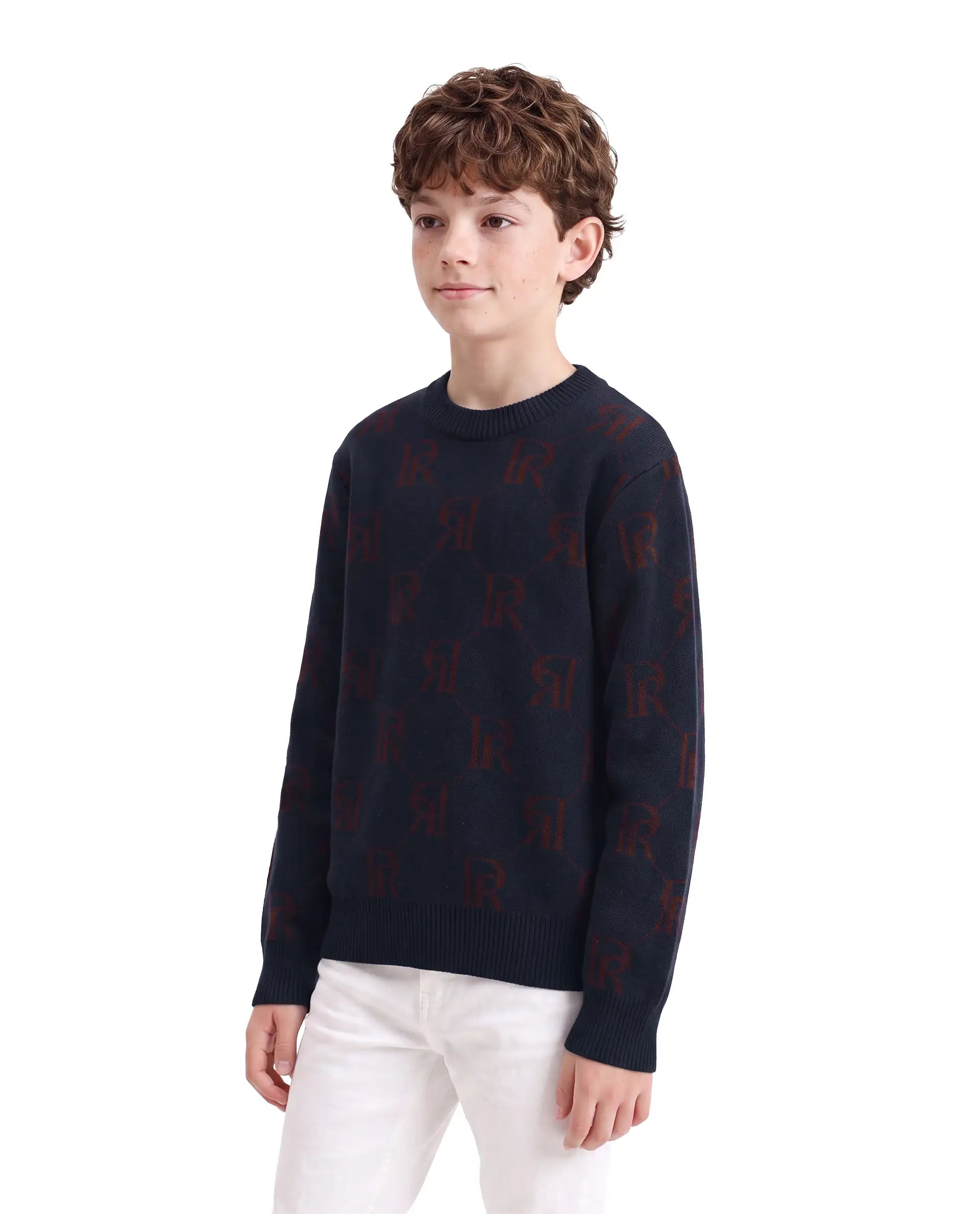 Rare Ones Kids Poston Navy Acrylic Fabric Pull-On Closure Regular Fit Monogram Print Sweater