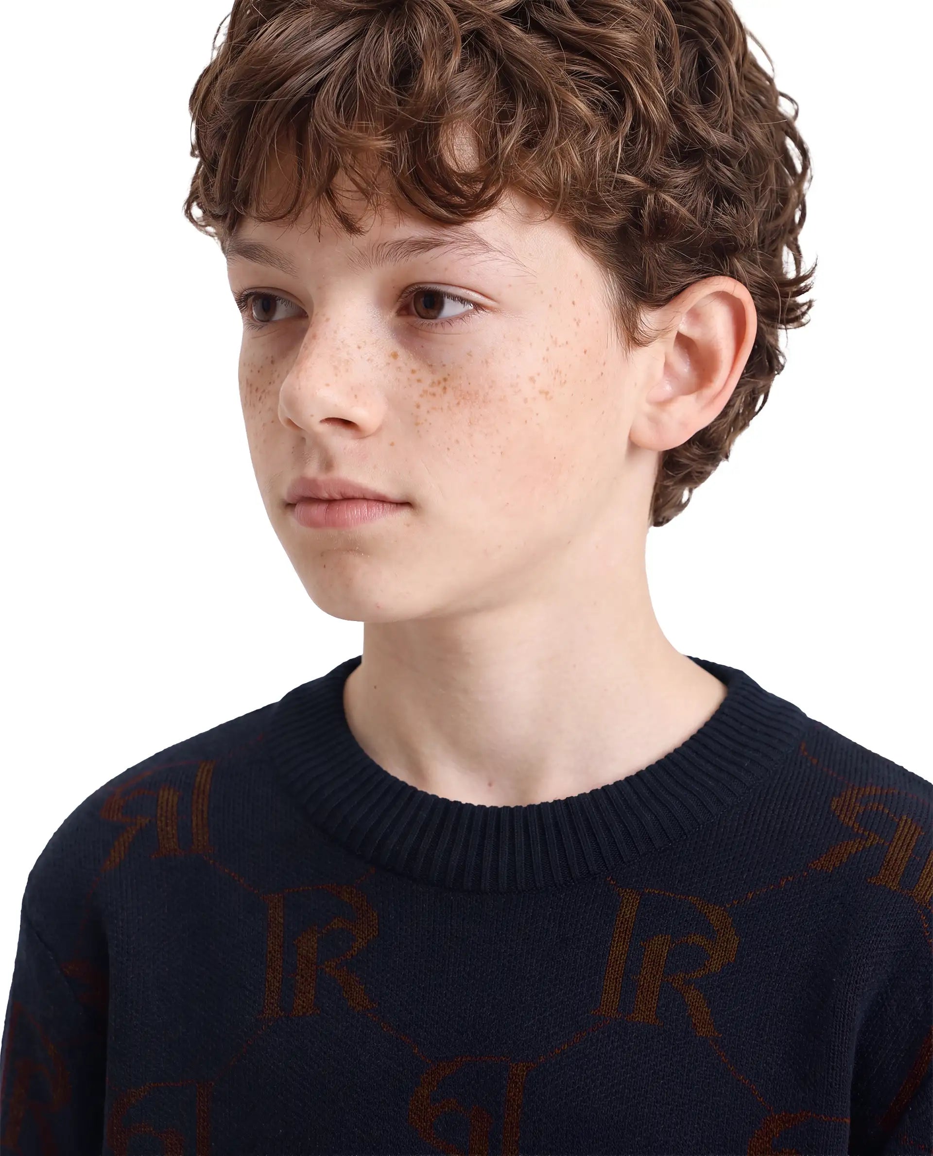 Rare Ones Kids Poston Navy Acrylic Fabric Pull-On Closure Regular Fit Monogram Print Sweater