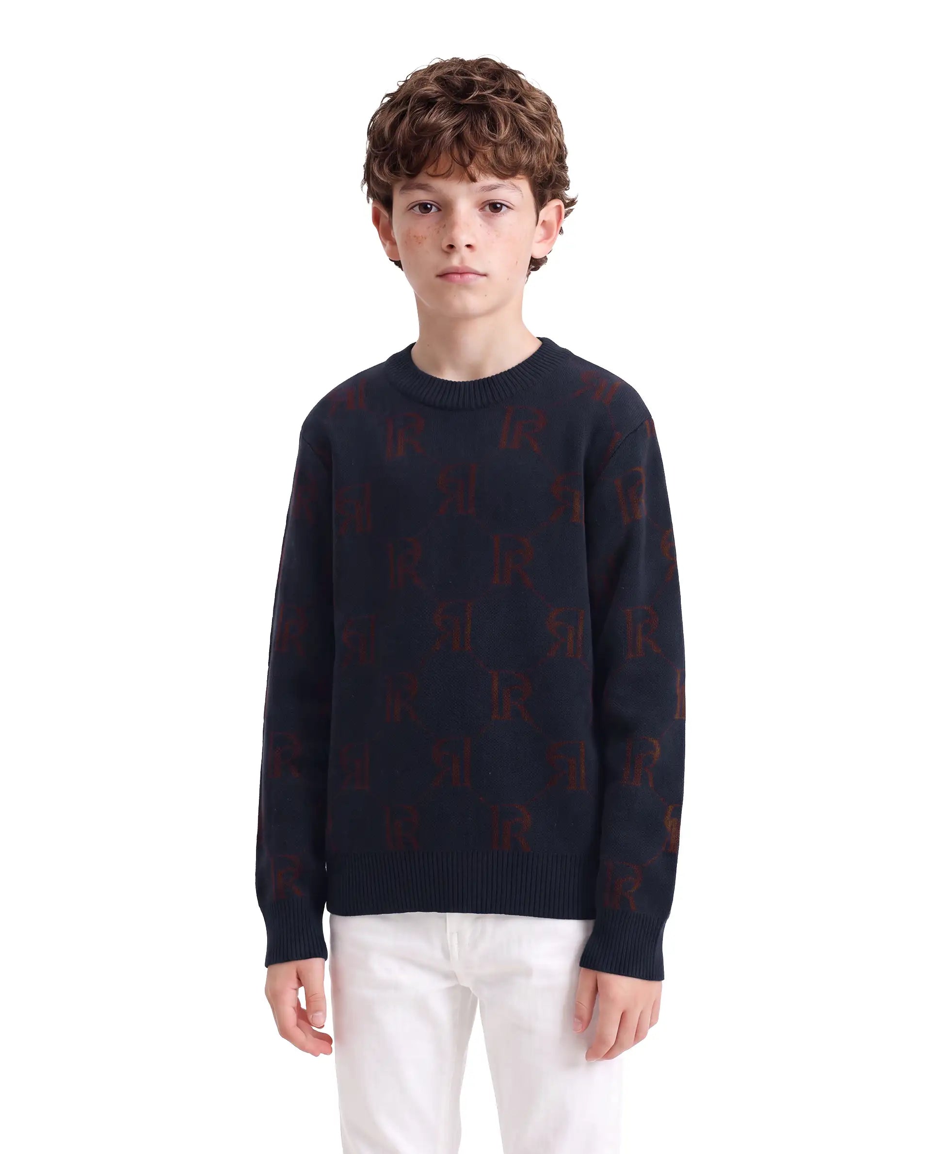 Rare Ones Kids Poston Navy Acrylic Fabric Pull-On Closure Regular Fit Monogram Print Sweater
