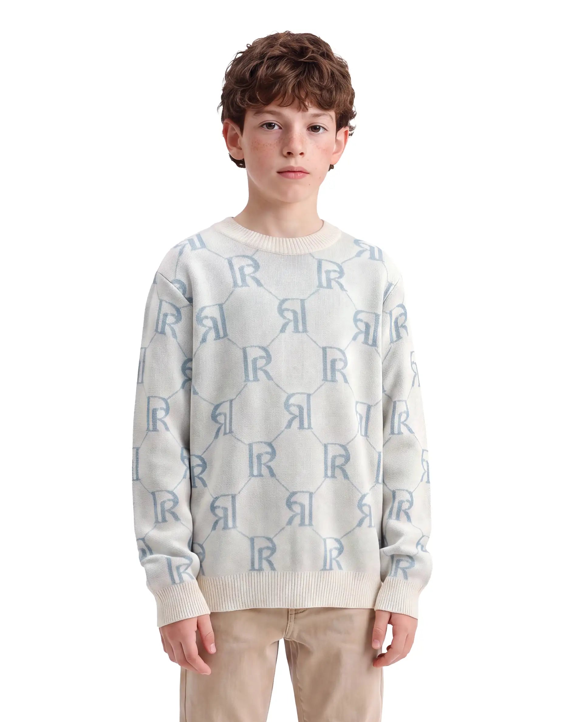 Rare Ones Kids Poston Off White Acrylic Fabric Pull-On Closure Regular Fit Monogram Print Sweater