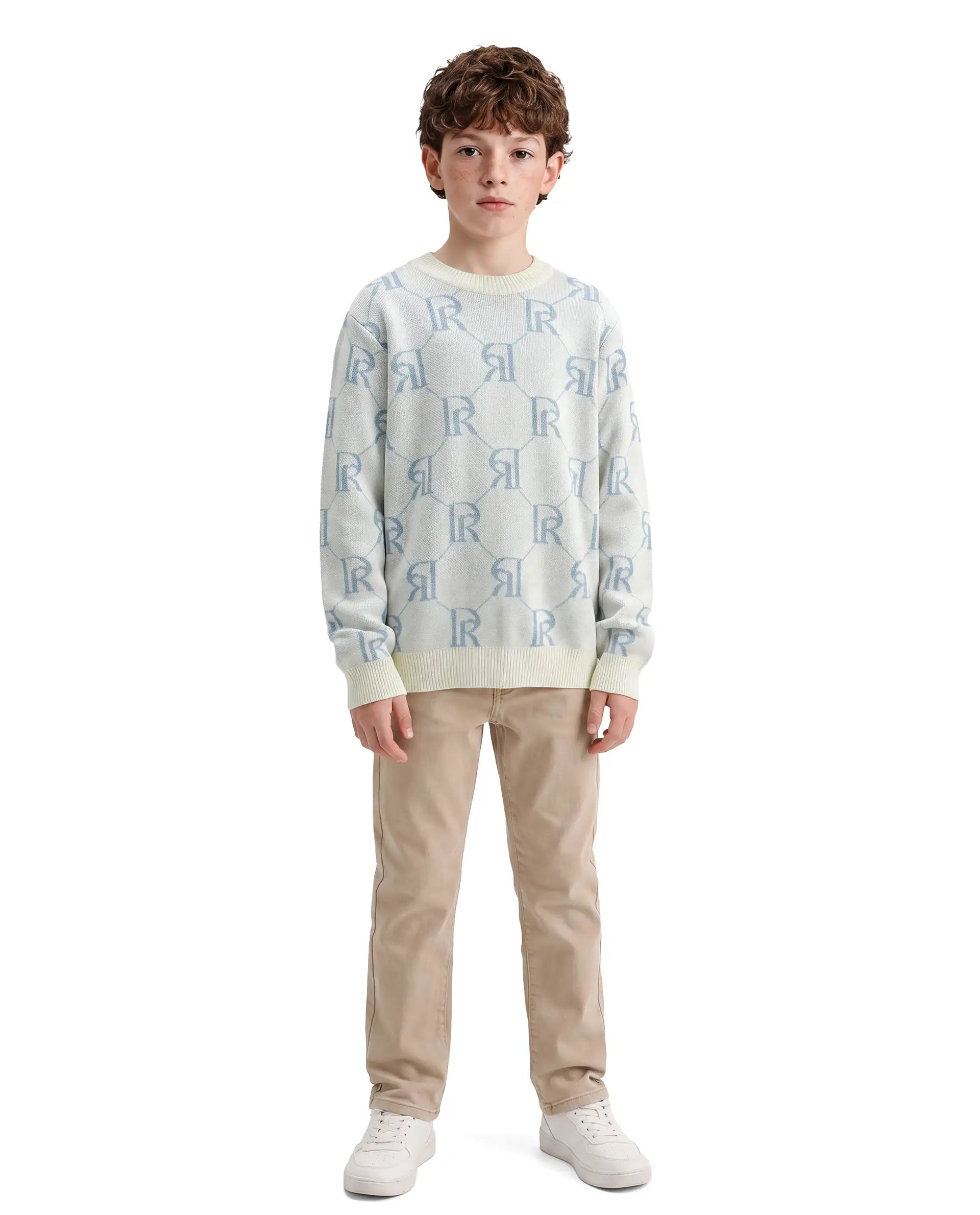 Rare Ones Kids Poston Off White Acrylic Fabric Pull-On Closure Regular Fit Monogram Print Sweater