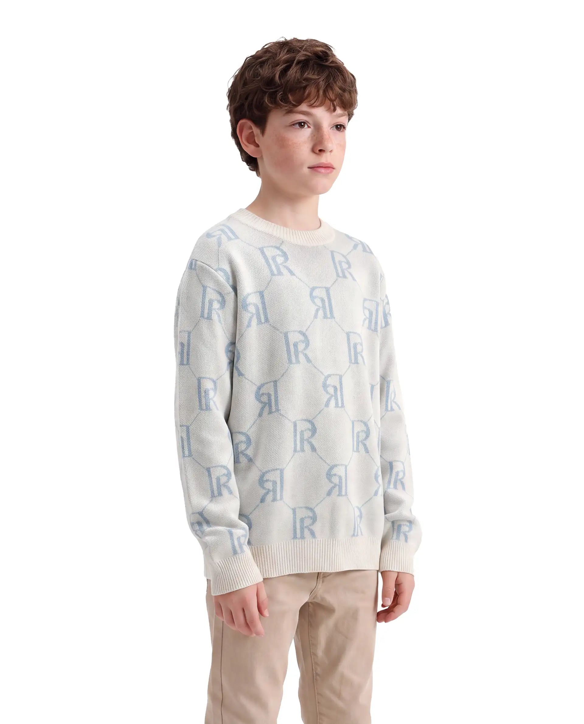 Rare Ones Kids Poston Off White Acrylic Fabric Pull-On Closure Regular Fit Monogram Print Sweater