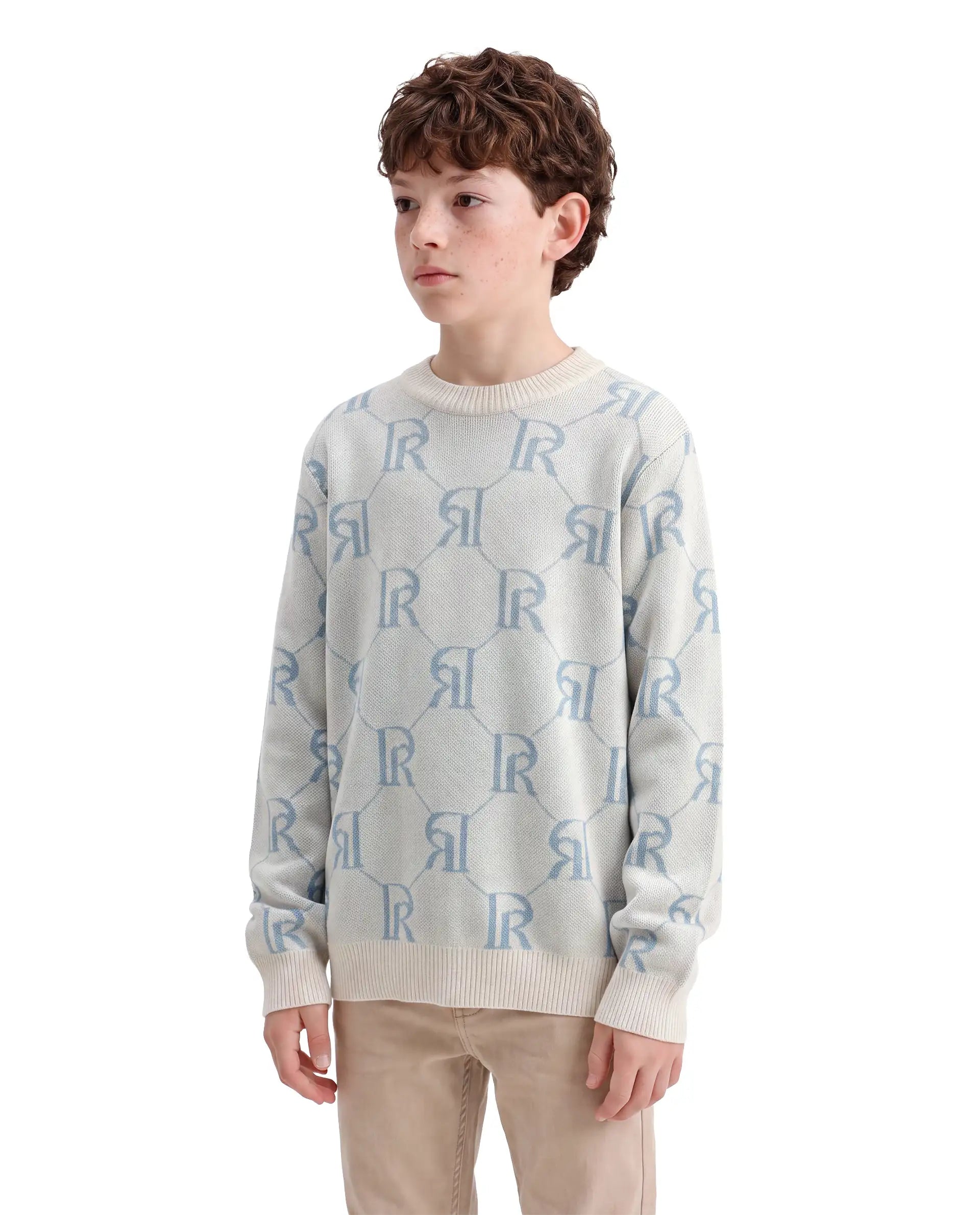 Rare Ones Kids Poston Off White Acrylic Fabric Pull-On Closure Regular Fit Monogram Print Sweater
