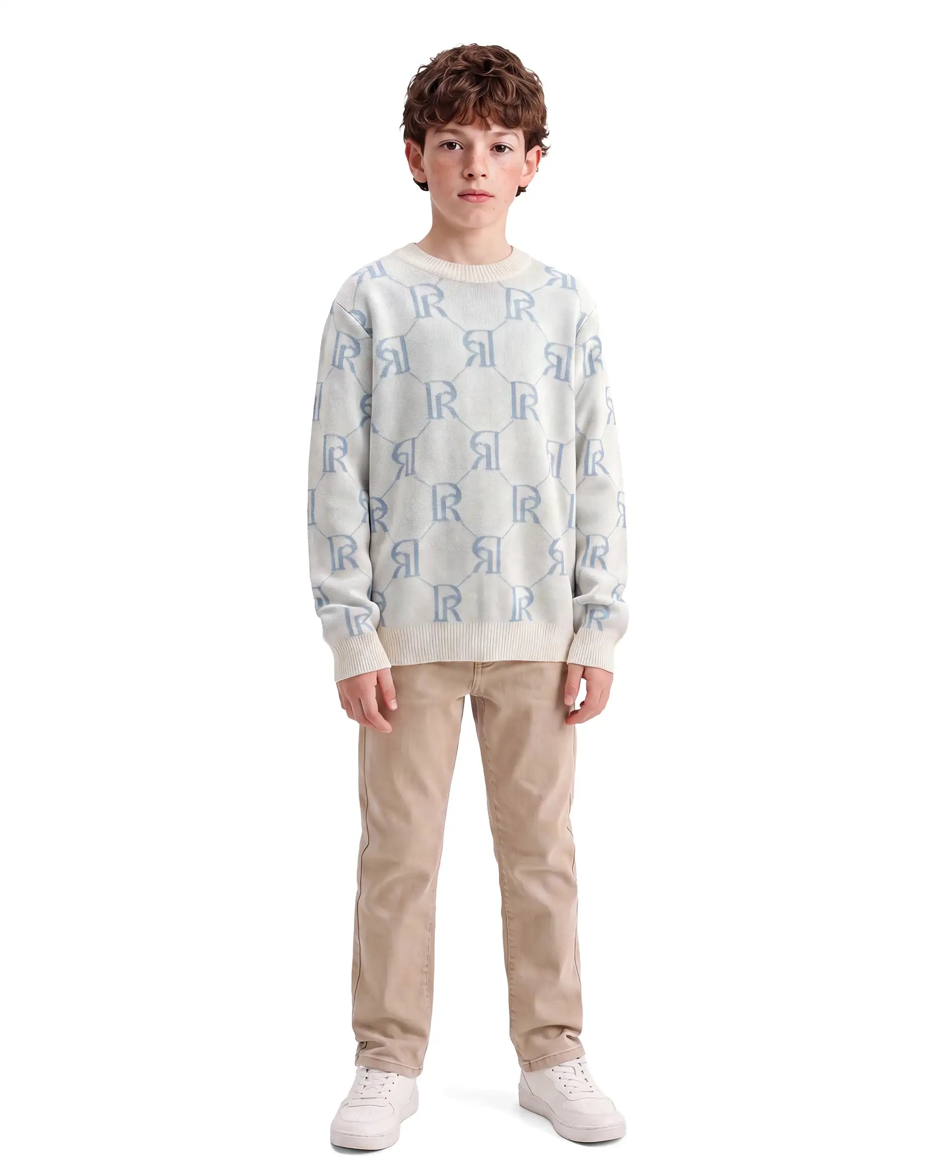 Rare Ones Kids Poston Off White Acrylic Fabric Pull-On Closure Regular Fit Monogram Print Sweater