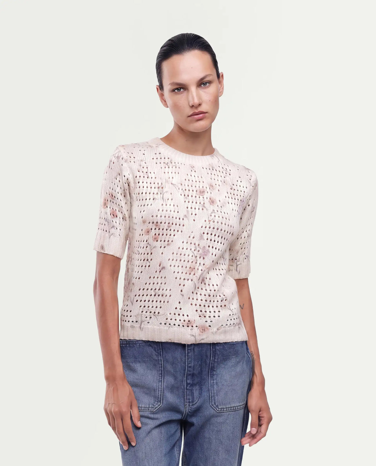Rareism Women's Leffo Off White Acrylic Pull-On Relaxed Fit Floral Print Sweater