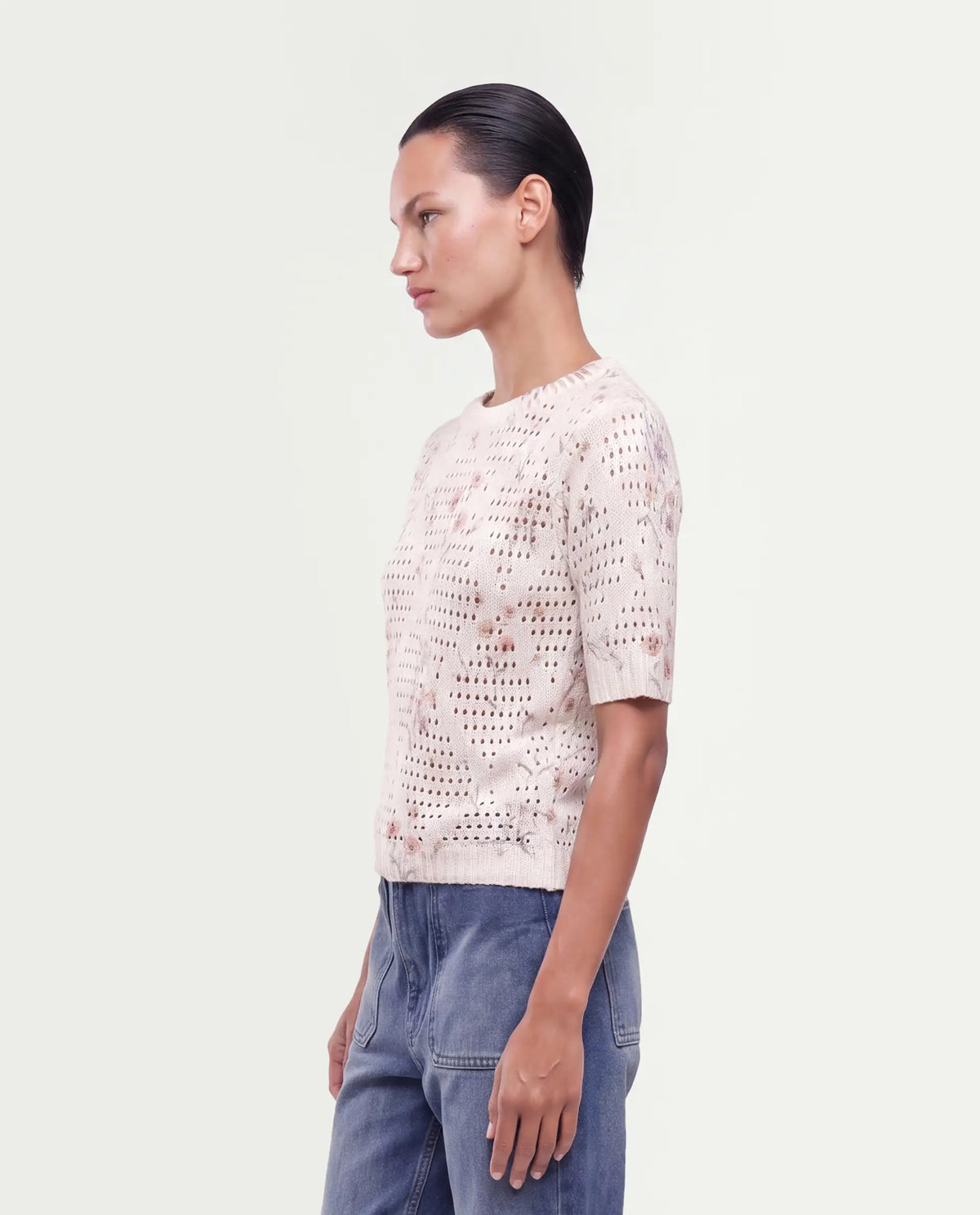 Rareism Women's Leffo Off White Acrylic Pull-On Relaxed Fit Floral Print Sweater