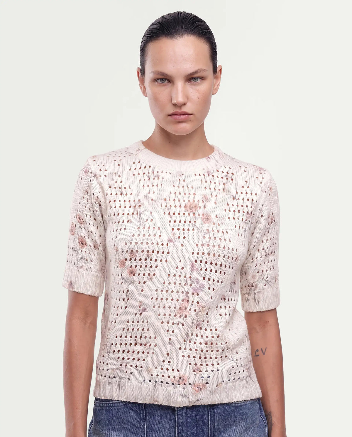 Rareism Women's Leffo Off White Acrylic Pull-On Relaxed Fit Floral Print Sweater