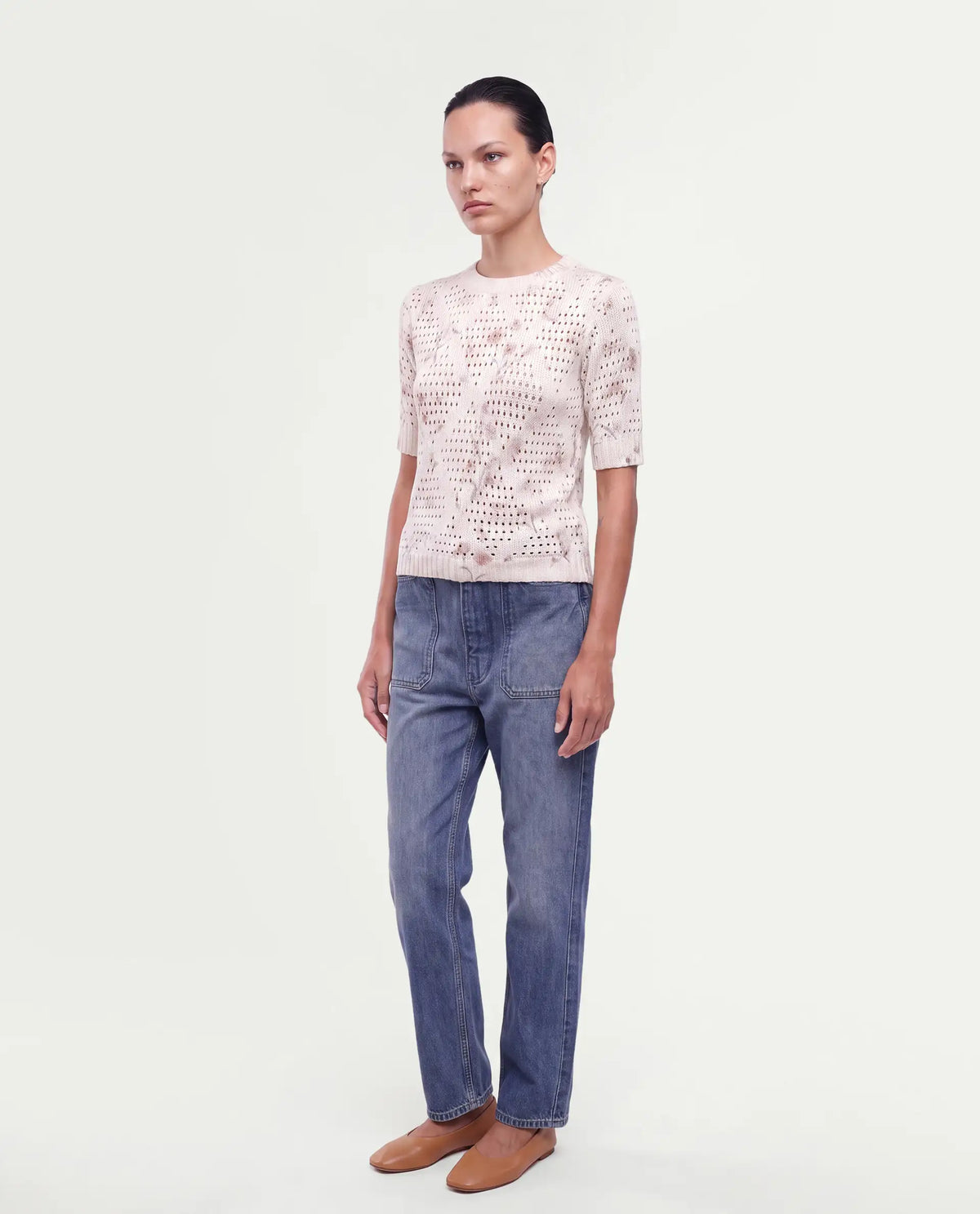 Rareism Women's Leffo Off White Acrylic Pull-On Relaxed Fit Floral Print Sweater