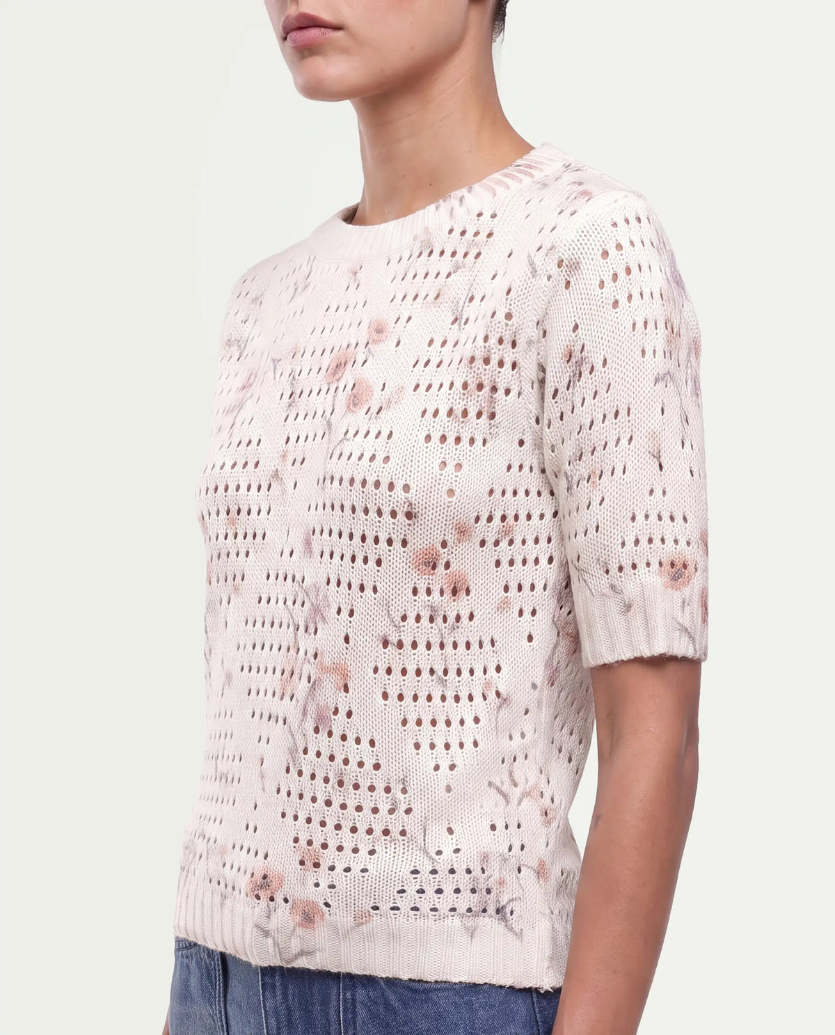 Rareism Women's Leffo Off White Acrylic Pull-On Relaxed Fit Floral Print Sweater
