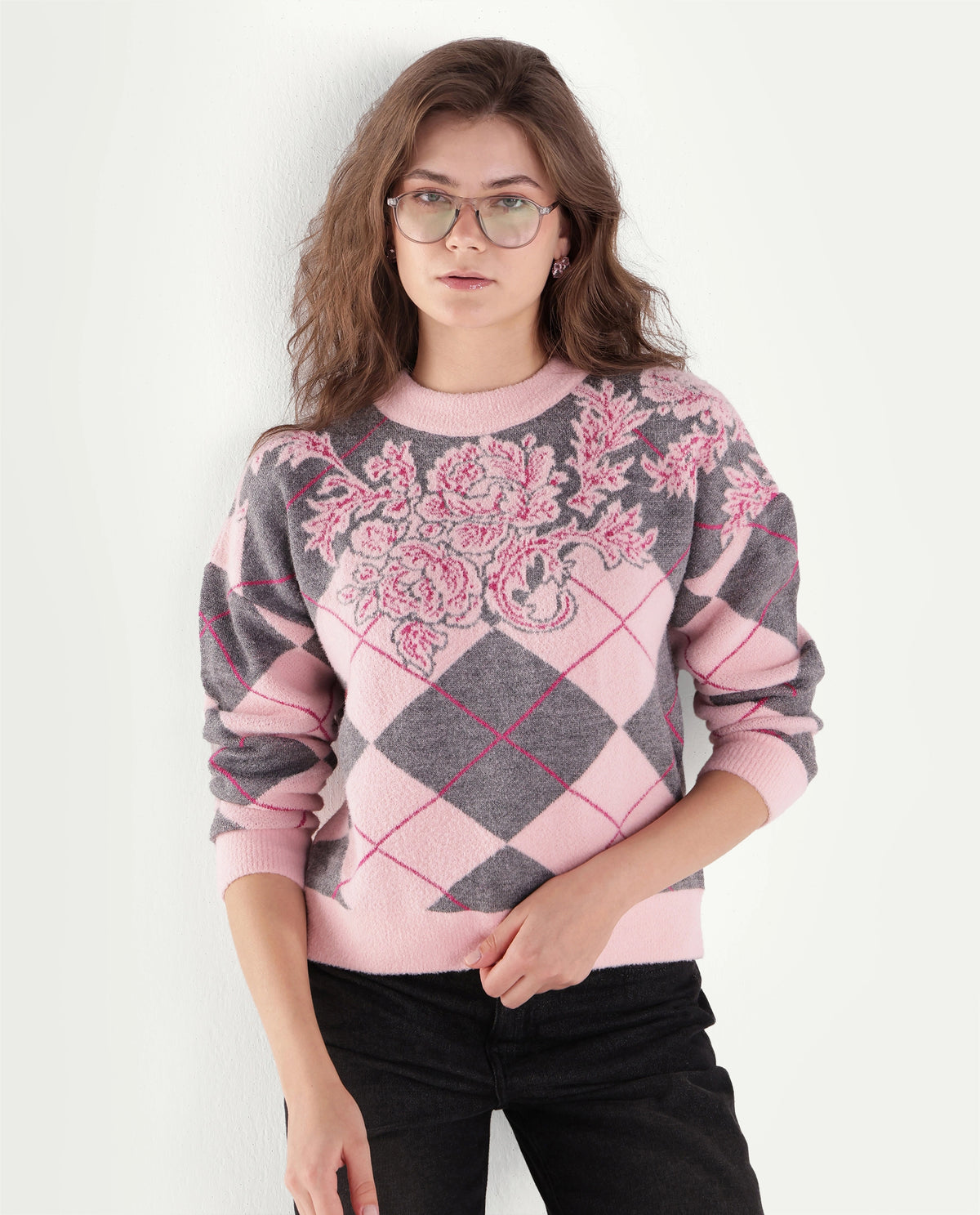 Rareism Women's Lower Light Grey Nylon Blend Pull-On Relaxed Fit Jacquard Sweater