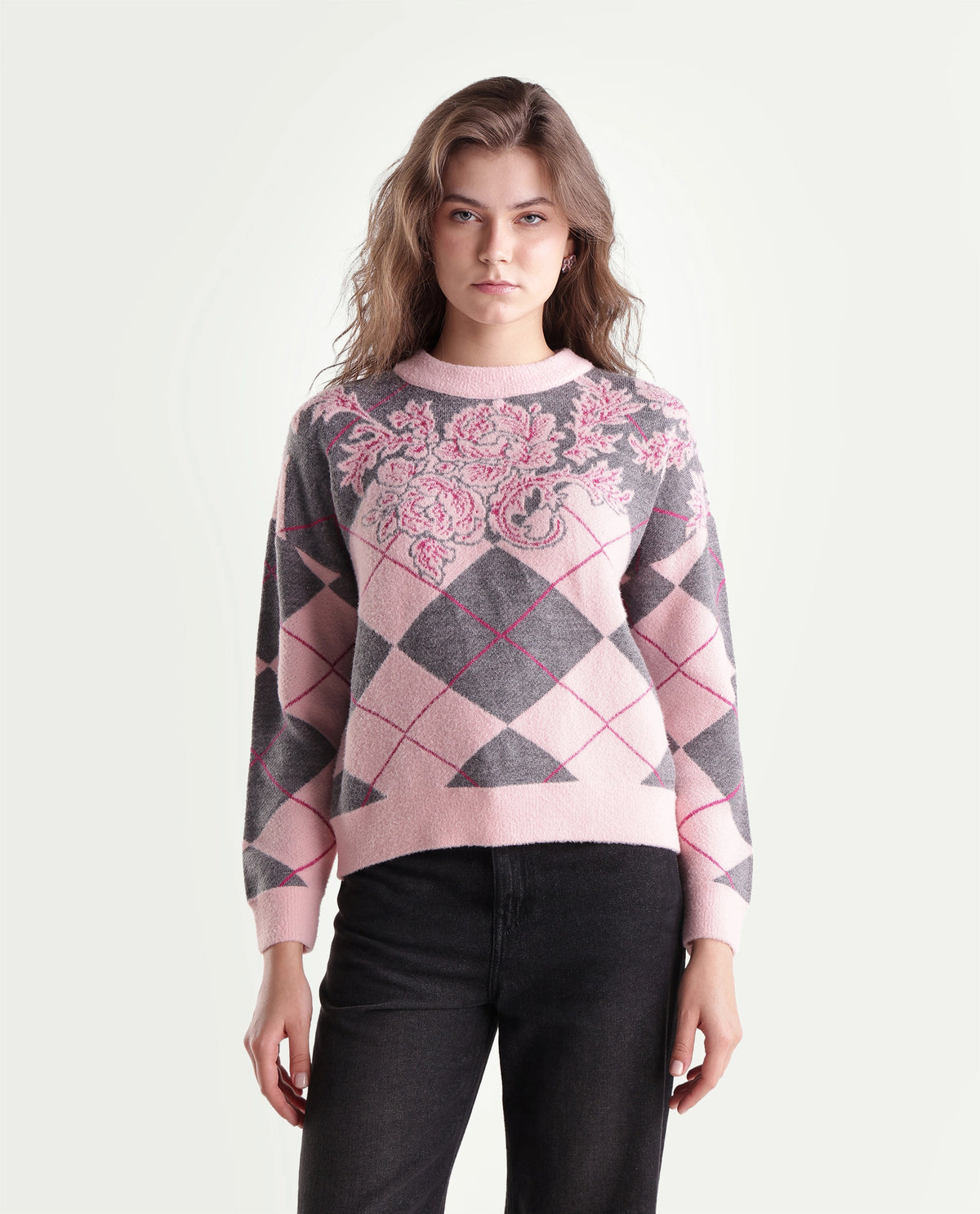 Rareism Women's Lower Light Grey Nylon Blend Pull-On Relaxed Fit Jacquard Sweater