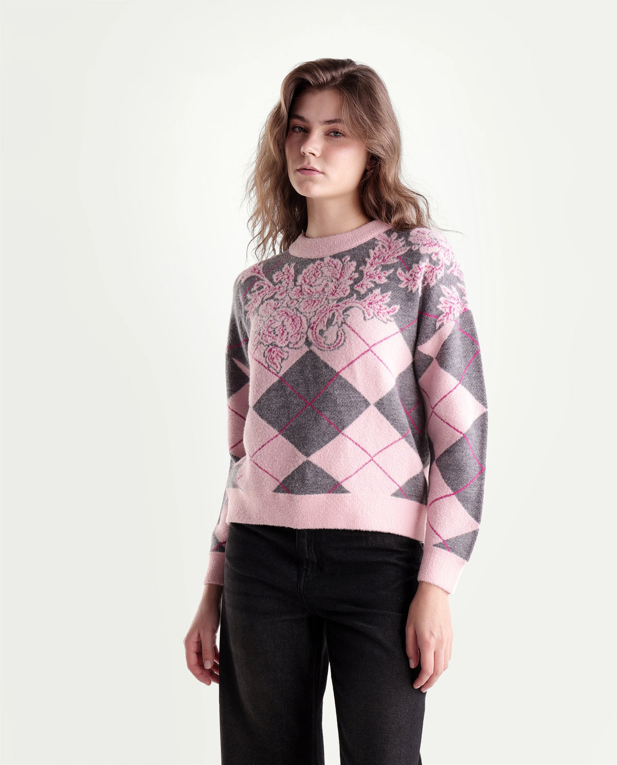 Rareism Women's Lower Light Grey Nylon Blend Pull-On Relaxed Fit Jacquard Sweater