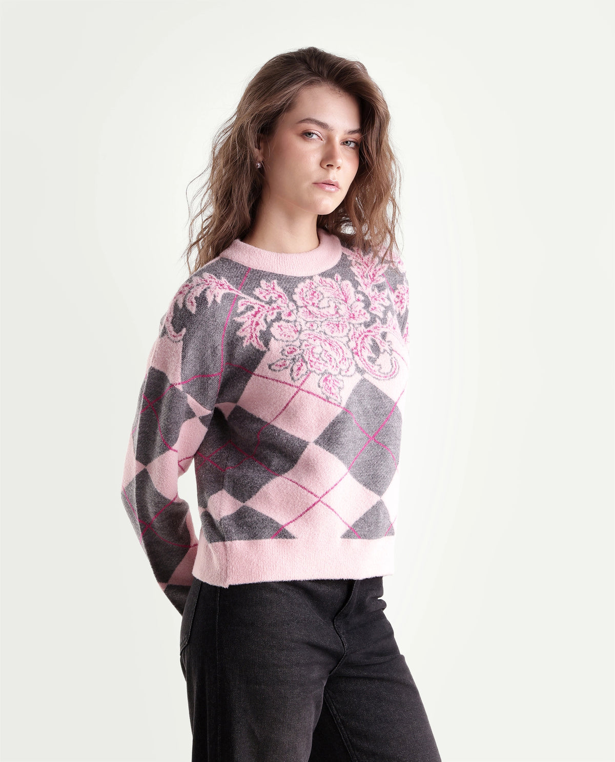 Rareism Women's Lower Light Grey Nylon Blend Pull-On Relaxed Fit Jacquard Sweater
