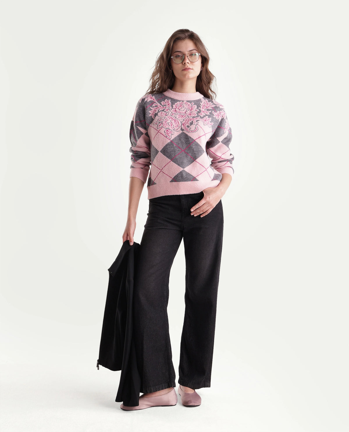 Rareism Women's Lower Light Grey Nylon Blend Pull-On Relaxed Fit Jacquard Sweater