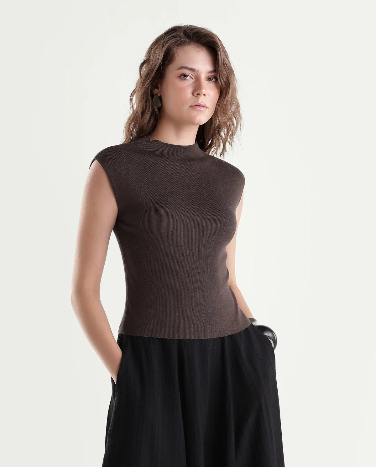 Rareism Women's Livon Dark Brown Viscose Blend Pull-On Regular Fit Plain Top