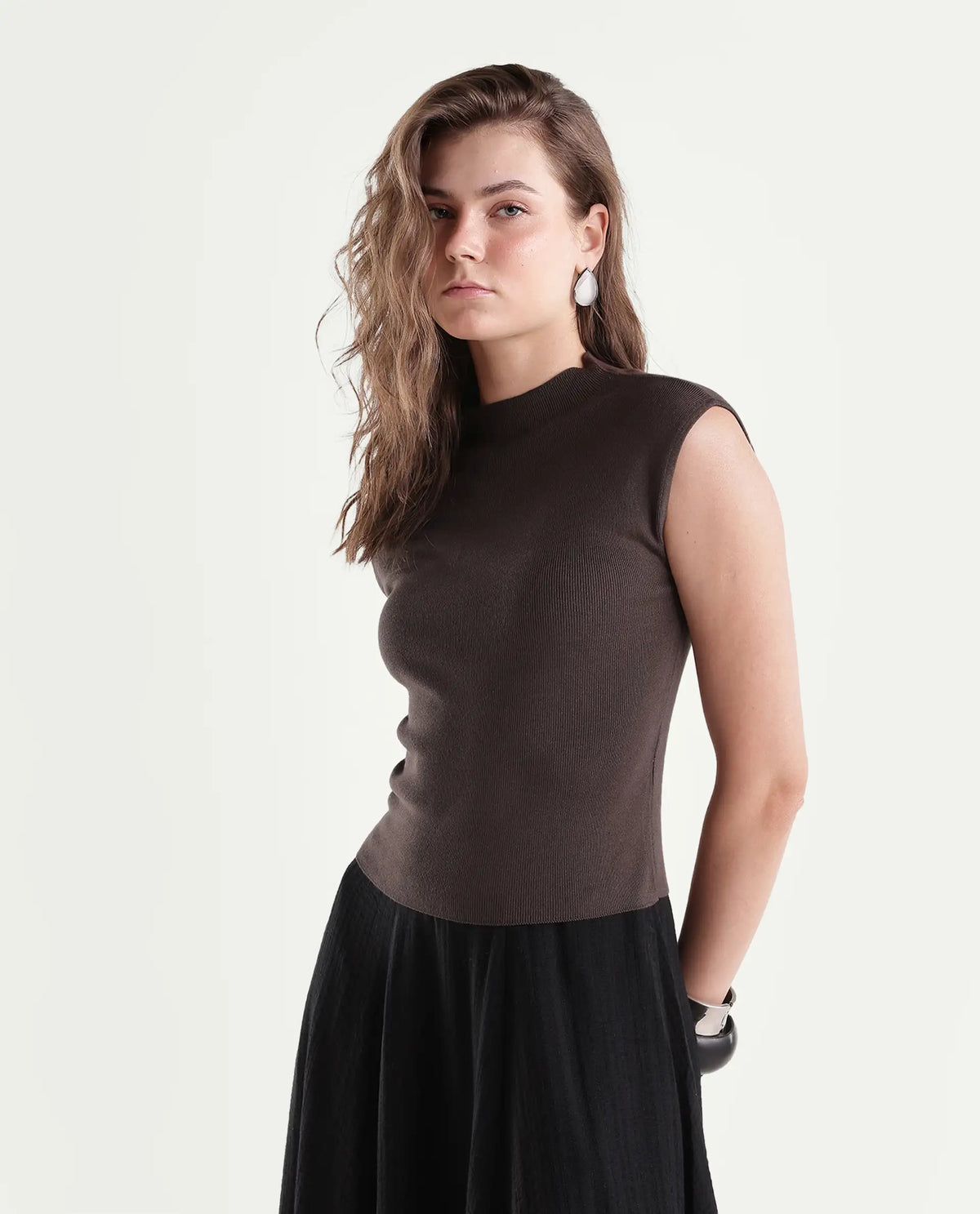 Rareism Women's Livon Dark Brown Viscose Blend Pull-On Regular Fit Plain Top
