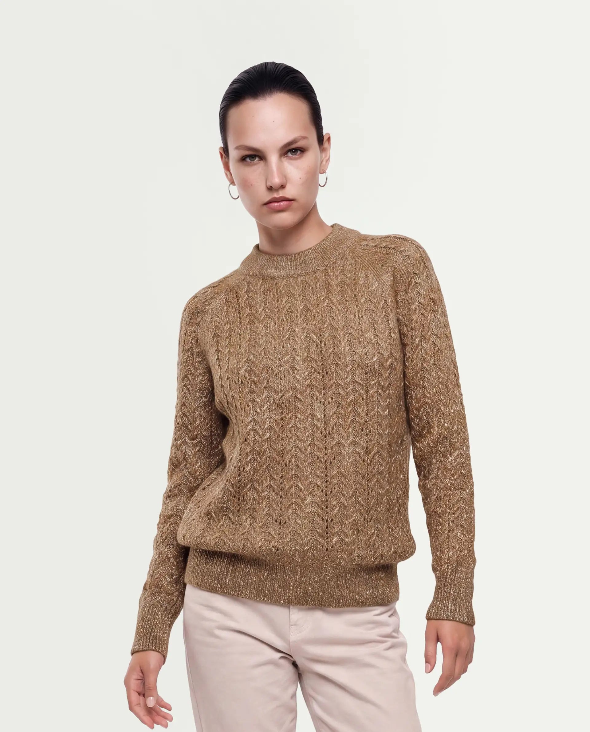 Rareism Women's Leseq Dark Beige Polyester Blend Pull-On Relaxed Fit Plain Sweater