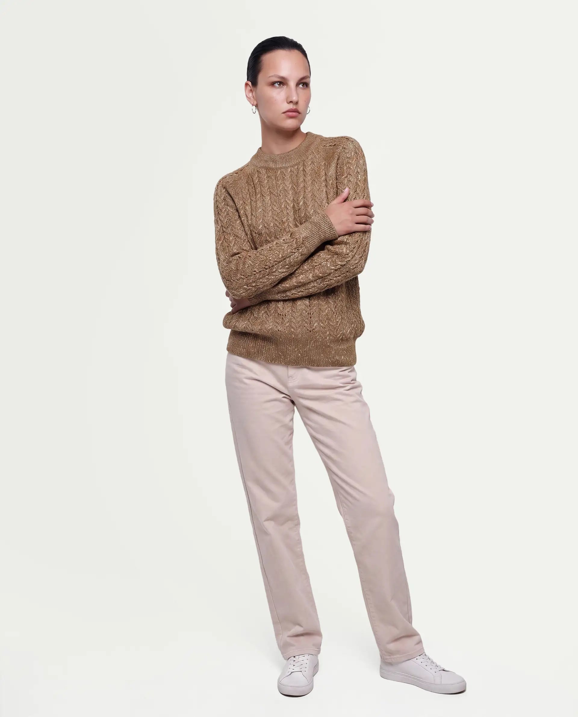 Rareism Women's Leseq Dark Beige Polyester Blend Pull-On Relaxed Fit Plain Sweater