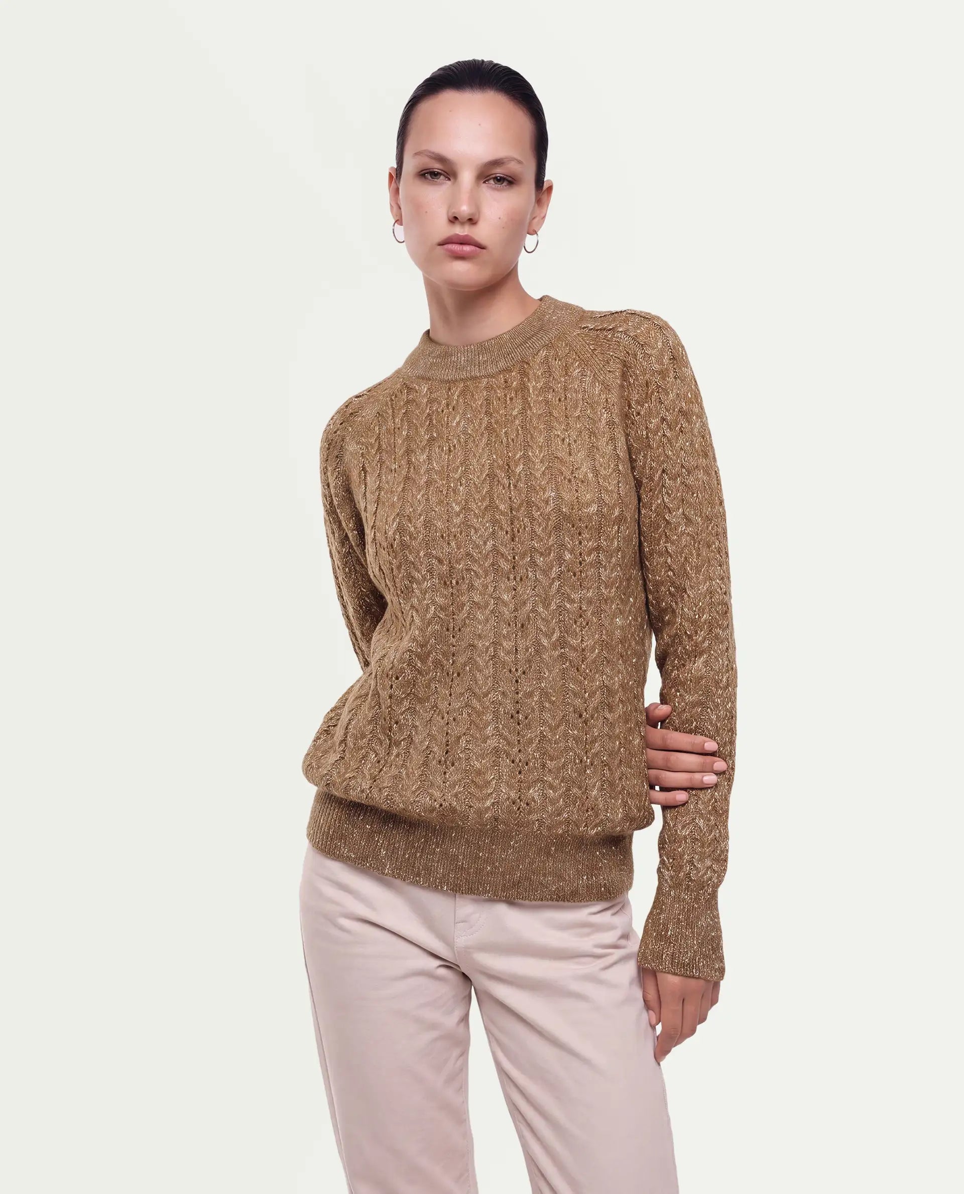Rareism Women's Leseq Dark Beige Polyester Blend Pull-On Relaxed Fit Plain Sweater