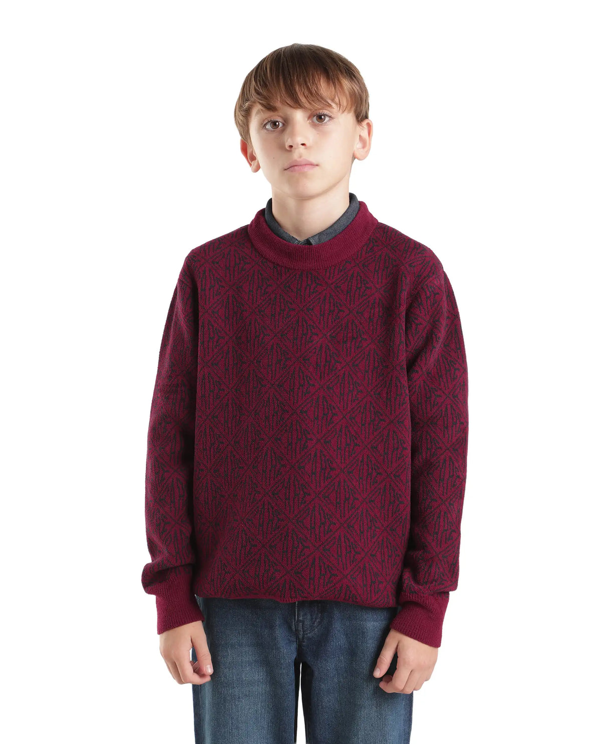 Rare Ones Kids Diego-K Maroon Polyester Fabric Pull-On Closure Regular Fit Jacquard Sweater