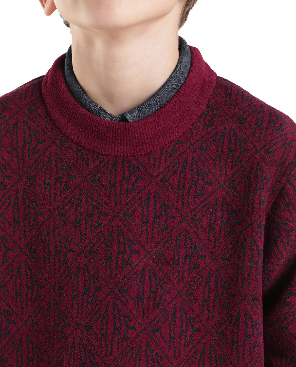 Rare Ones Kids Diego-K Maroon Polyester Fabric Pull-On Closure Regular Fit Jacquard Sweater