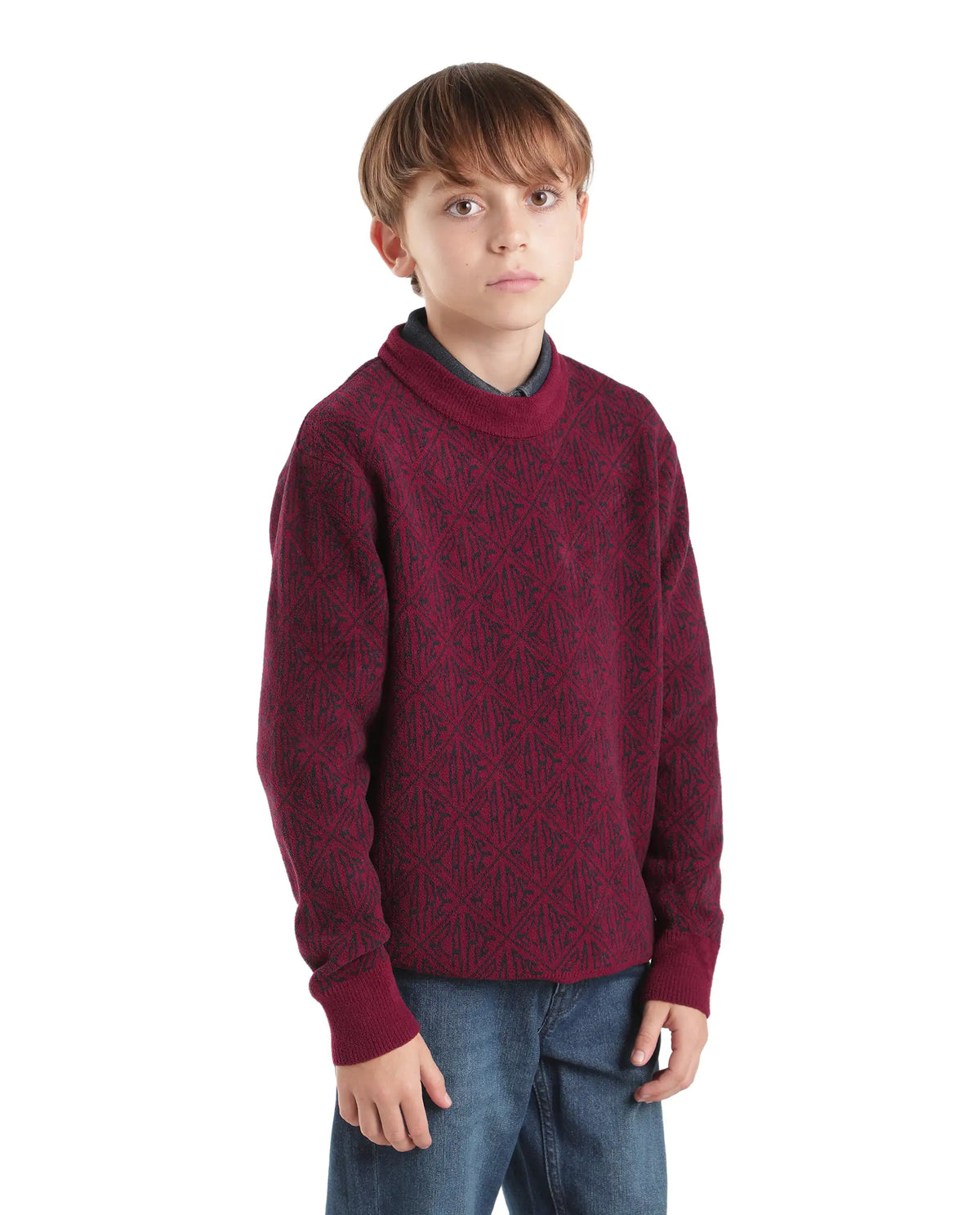 Rare Ones Kids Diego-K Maroon Polyester Fabric Pull-On Closure Regular Fit Jacquard Sweater