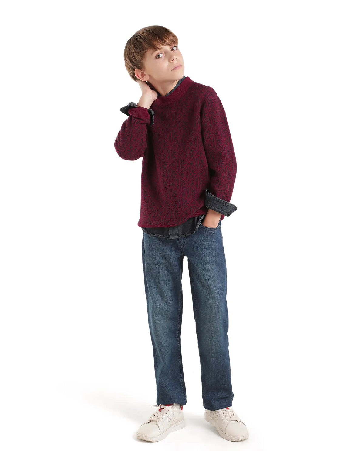 Rare Ones Kids Diego-K Maroon Polyester Fabric Pull-On Closure Regular Fit Jacquard Sweater