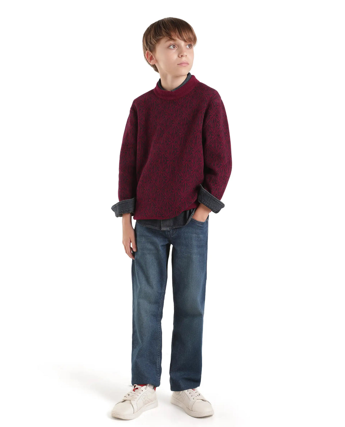 Rare Ones Kids Diego-K Maroon Polyester Fabric Pull-On Closure Regular Fit Jacquard Sweater