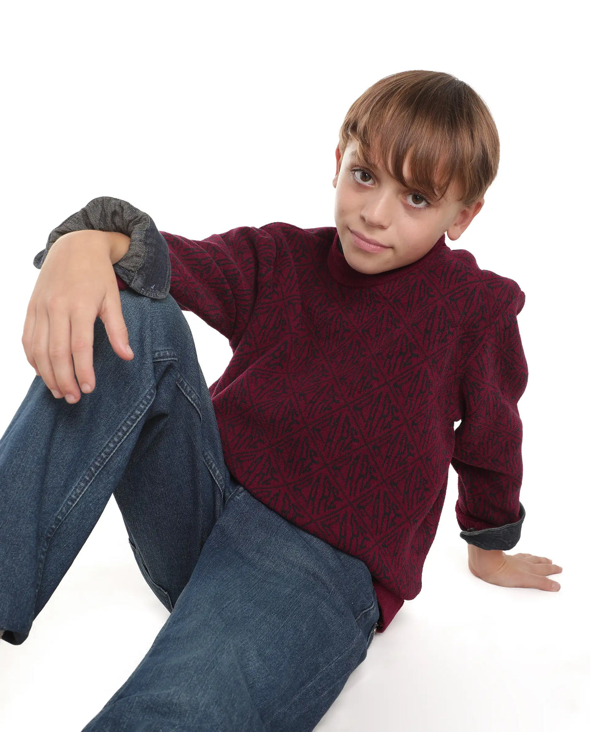 Rare Ones Kids Diego-K Maroon Polyester Fabric Pull-On Closure Regular Fit Jacquard Sweater