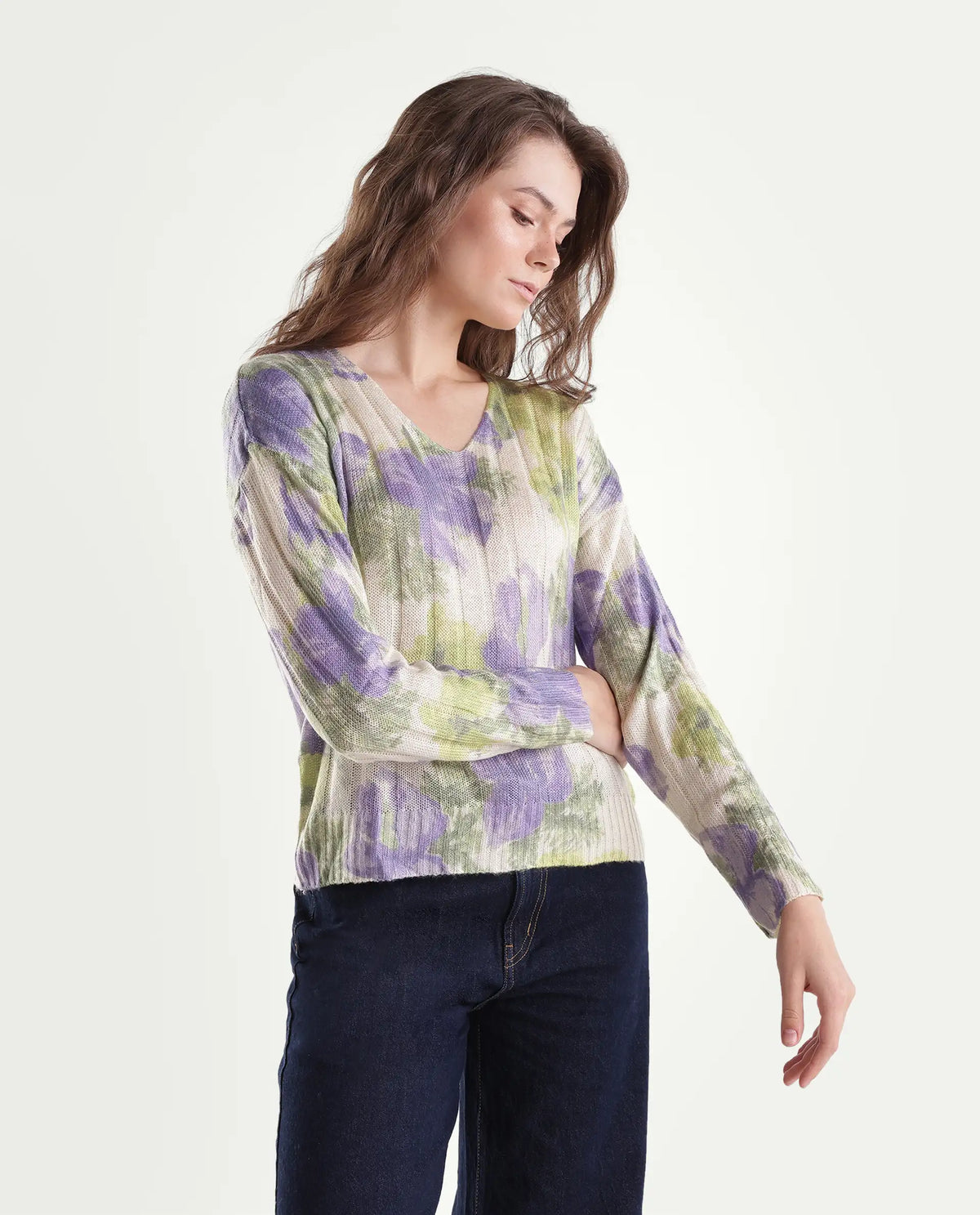 Rareism Women's Lassy Light Multi Acrylic Blend Pull-On Relaxed Fit Floral Print Sweater