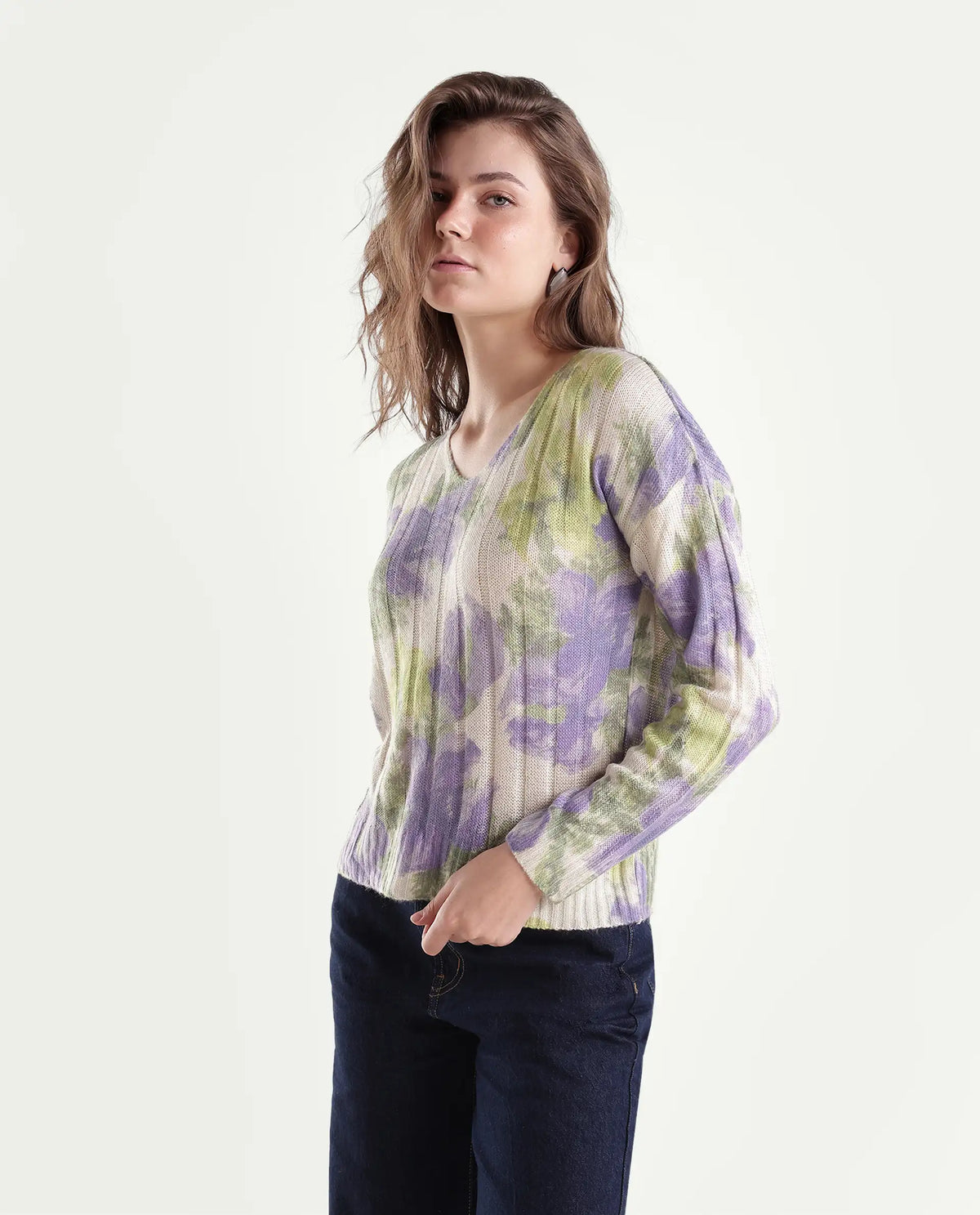 Rareism Women's Lassy Light Multi Acrylic Blend Pull-On Relaxed Fit Floral Print Sweater