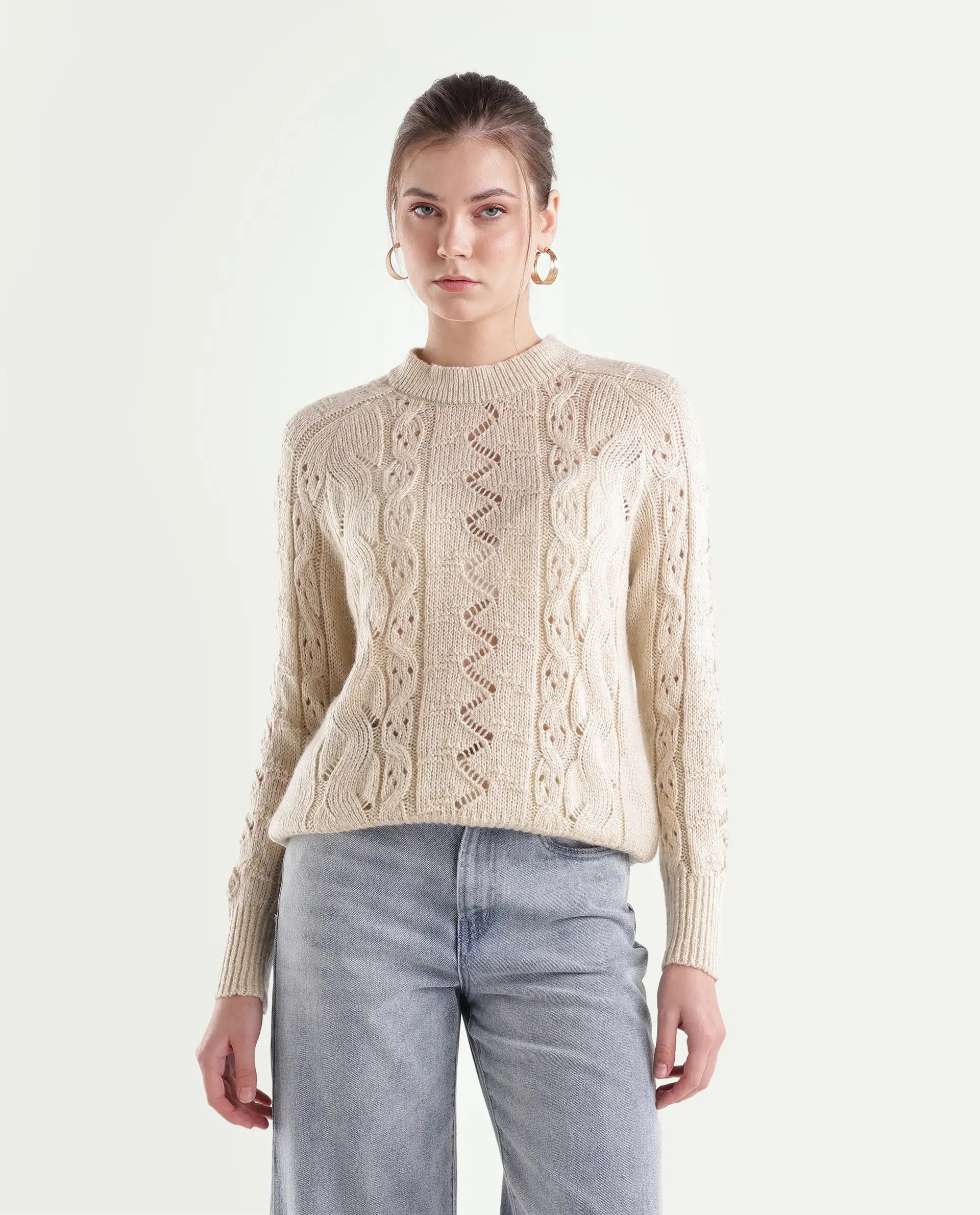 Rareism Women's Lonu Off White Acrylic Blend Pull-On Relaxed Fit Plain Sweater