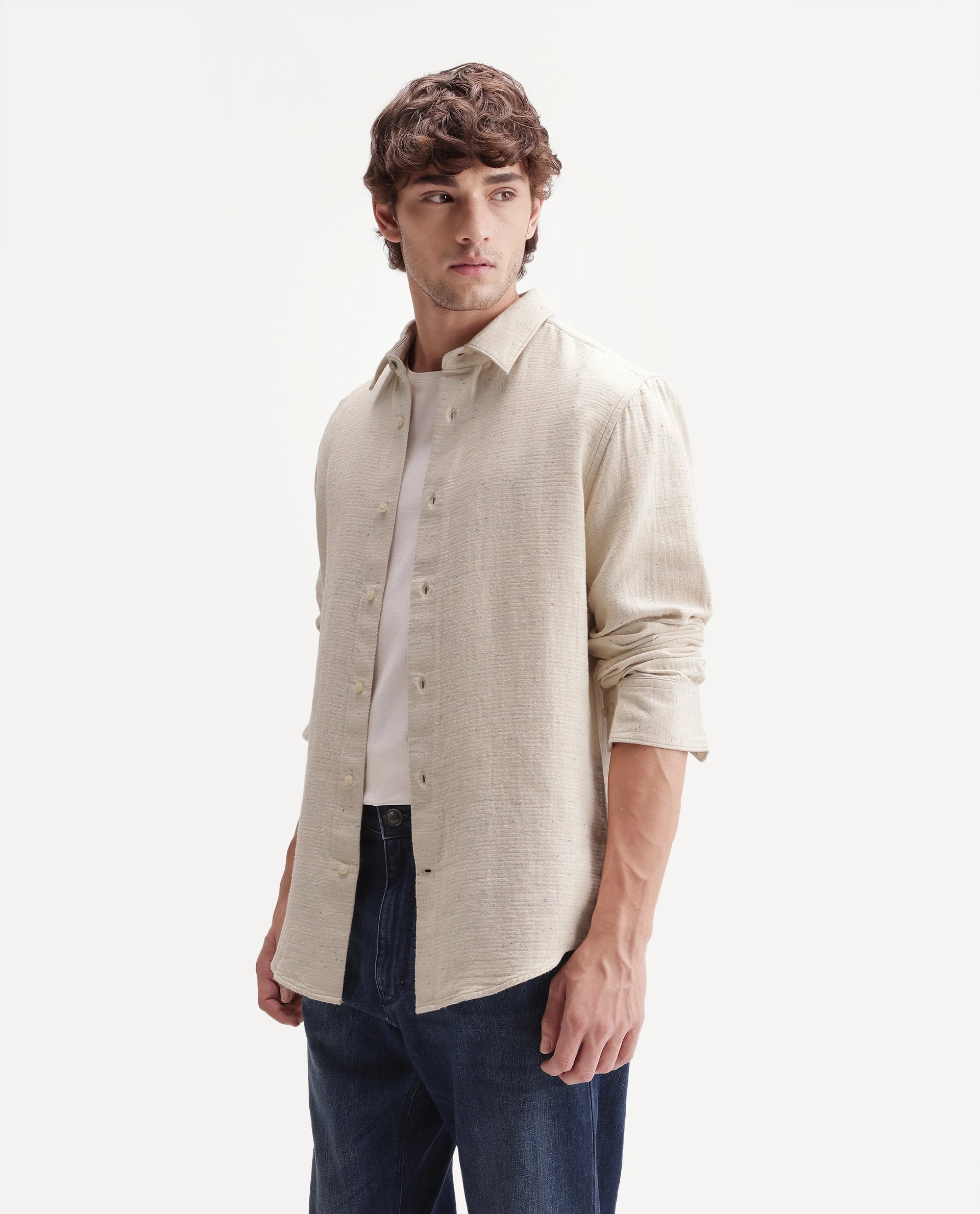 Rare Rabbit Men's Cira Primary Beige Cotton Blend Spread Collar Regular Plain Shirt