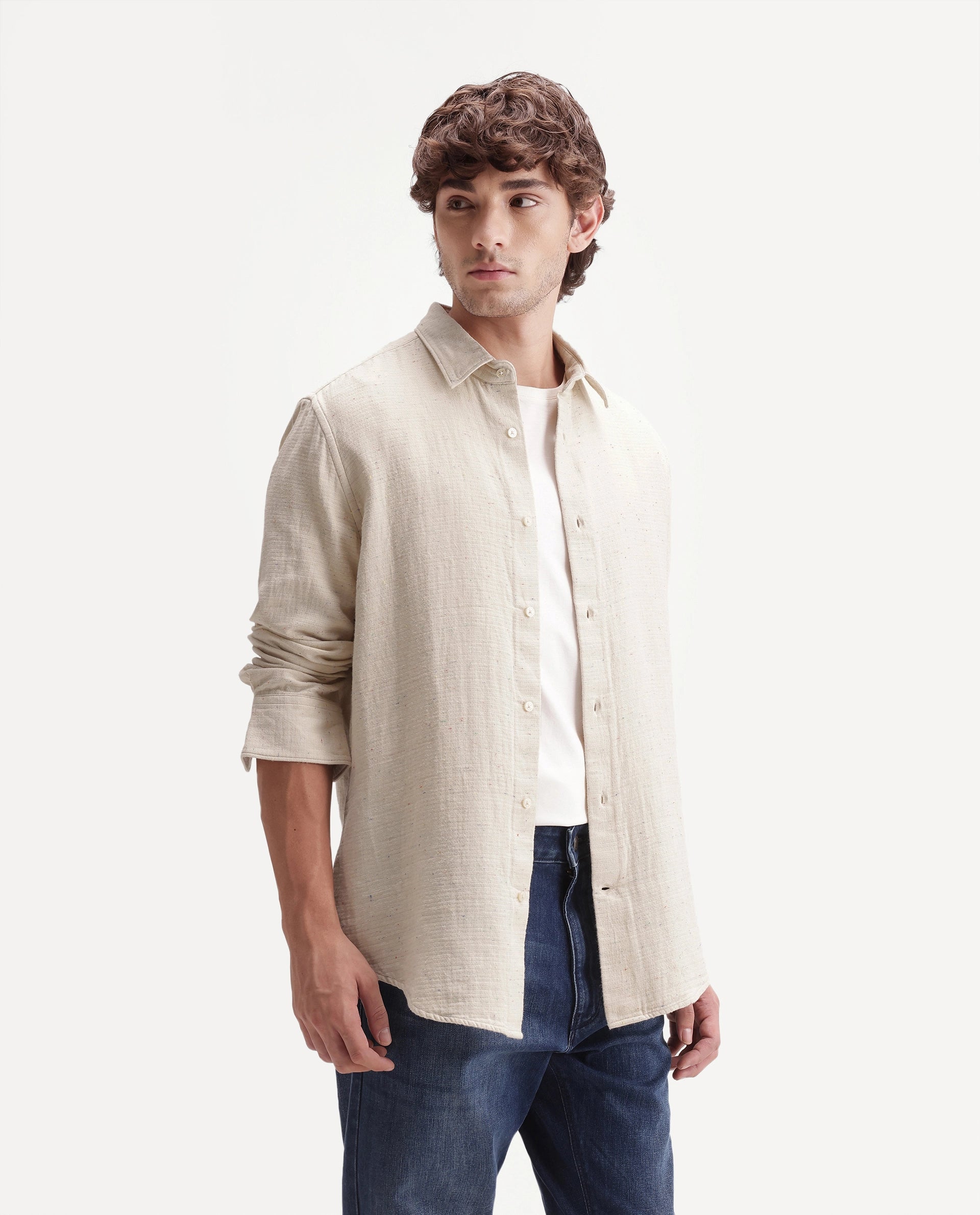 Rare Rabbit Men's Cira Primary Beige Cotton Blend Spread Collar Regular Plain Shirt