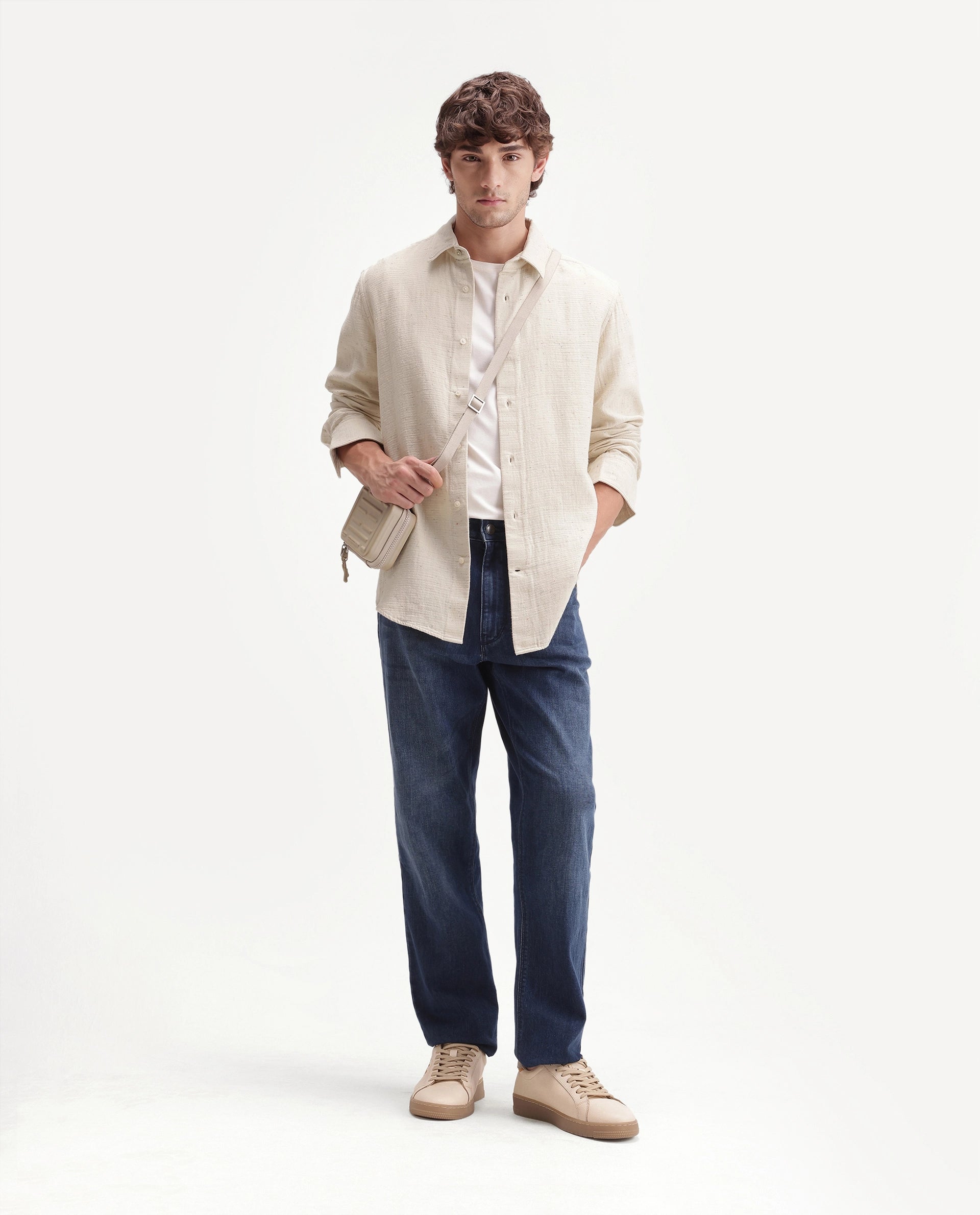 Rare Rabbit Men's Cira Primary Beige Cotton Blend Spread Collar Regular Plain Shirt