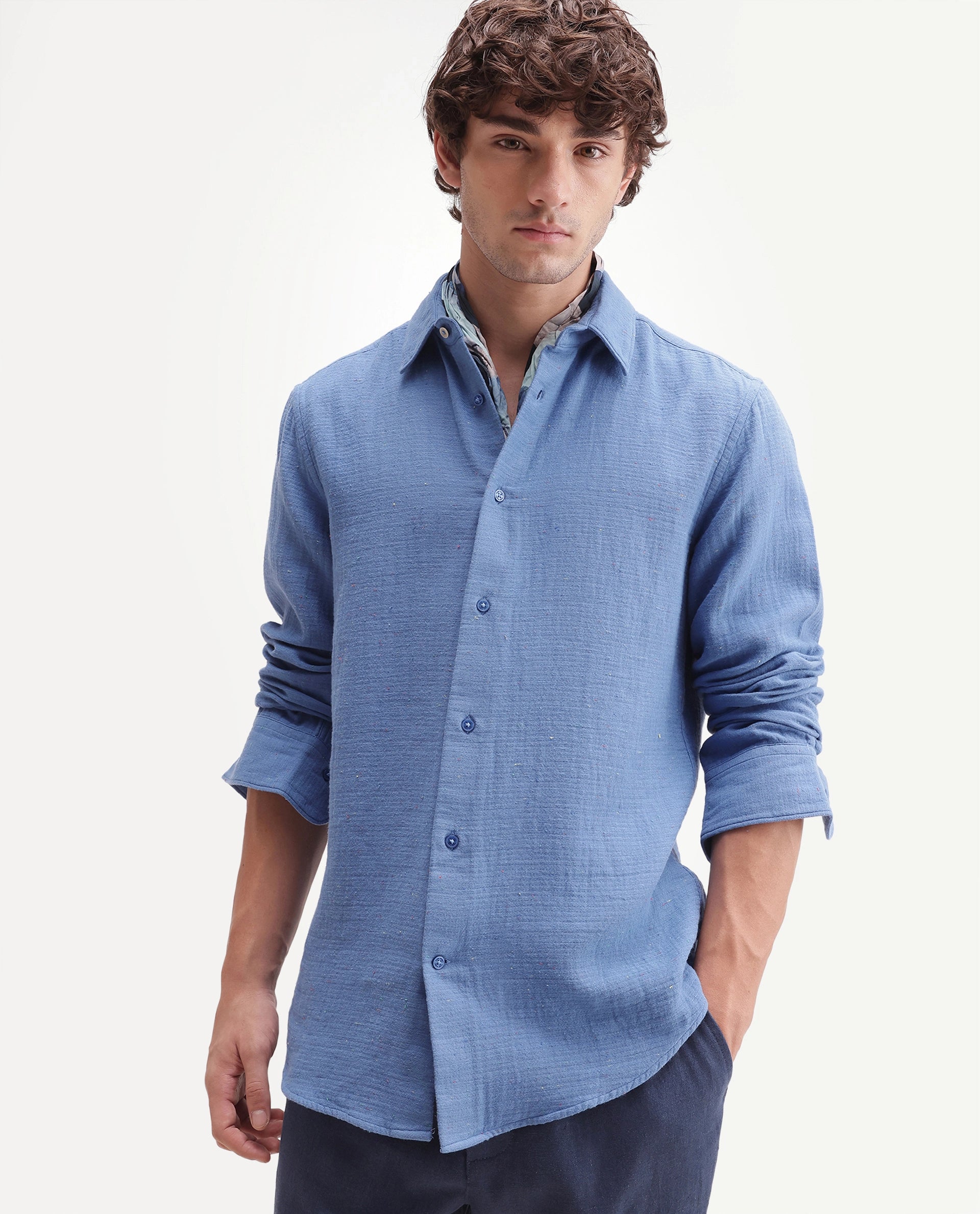 Rare Rabbit Men's Cira Primary Blue Cotton Blend Spread Collar Regular Plain Shirt