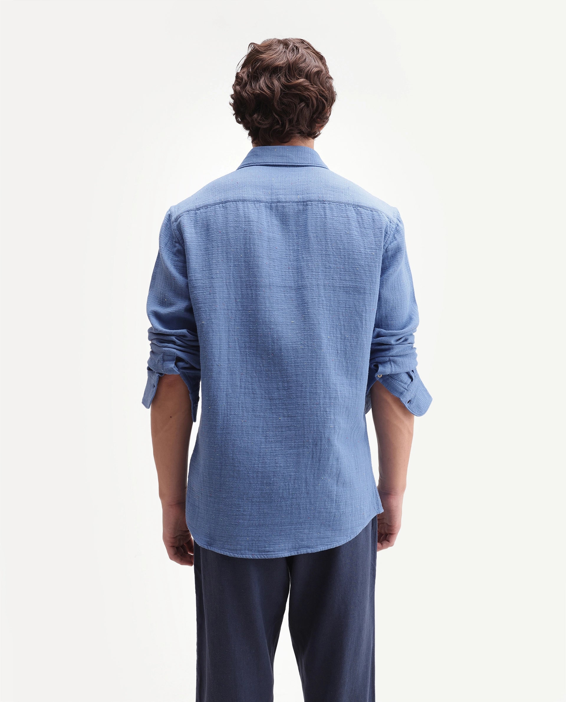 Rare Rabbit Men's Cira Primary Blue Cotton Blend Spread Collar Regular Plain Shirt