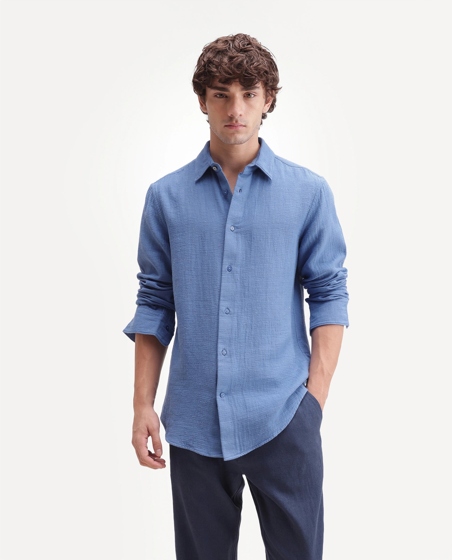Rare Rabbit Men's Cira Primary Blue Cotton Blend Spread Collar Regular Plain Shirt
