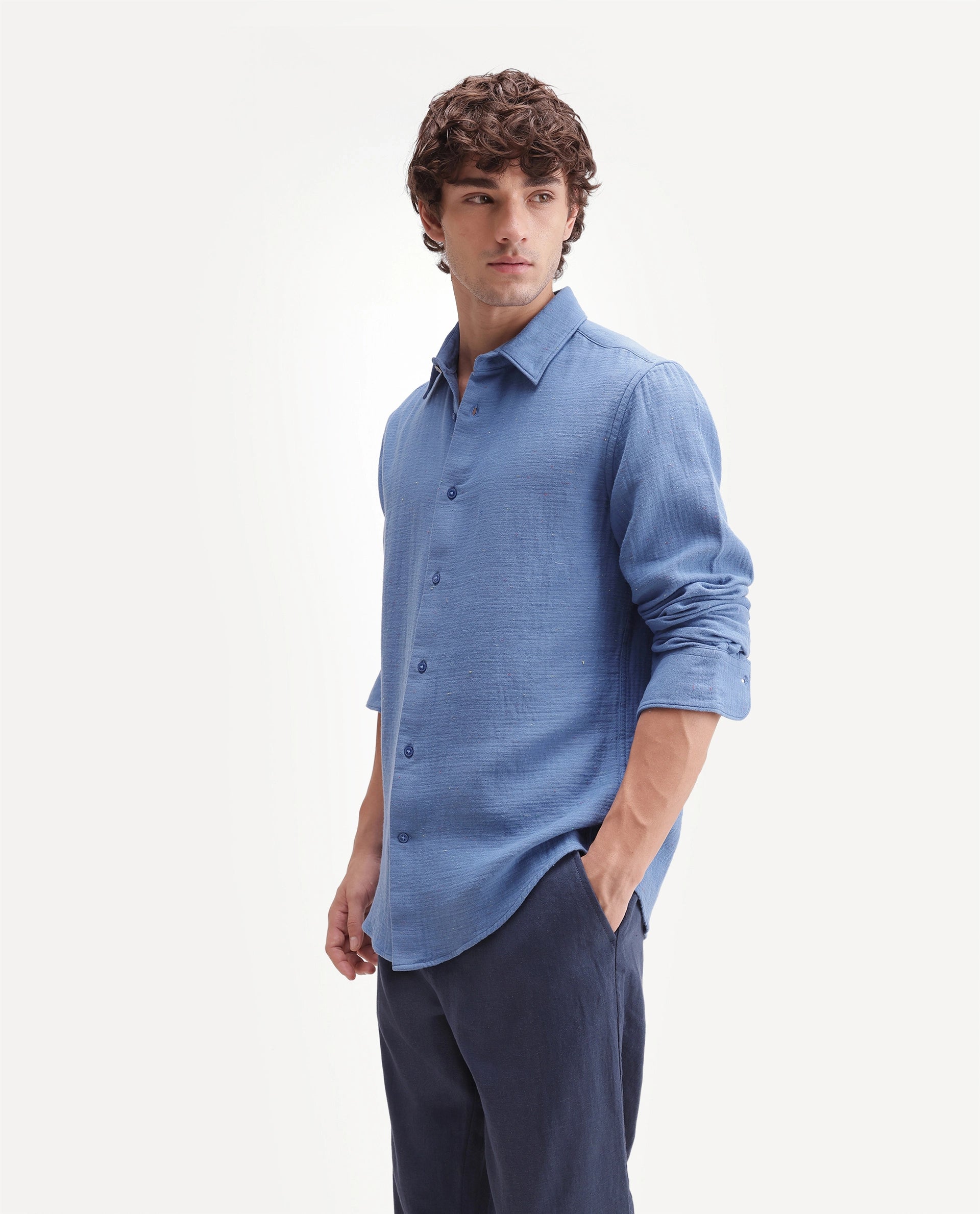 Rare Rabbit Men's Cira Primary Blue Cotton Blend Spread Collar Regular Plain Shirt