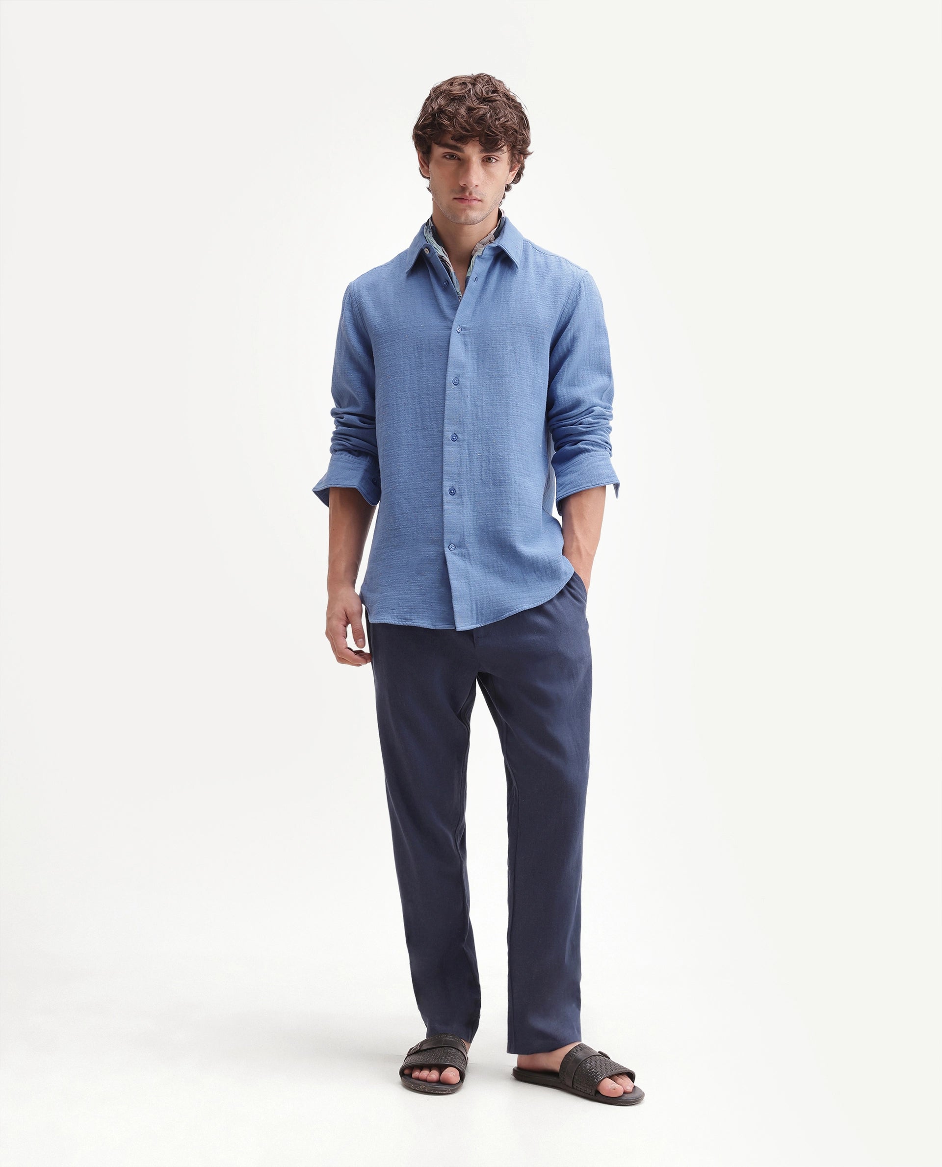 Rare Rabbit Men's Cira Primary Blue Cotton Blend Spread Collar Regular Plain Shirt